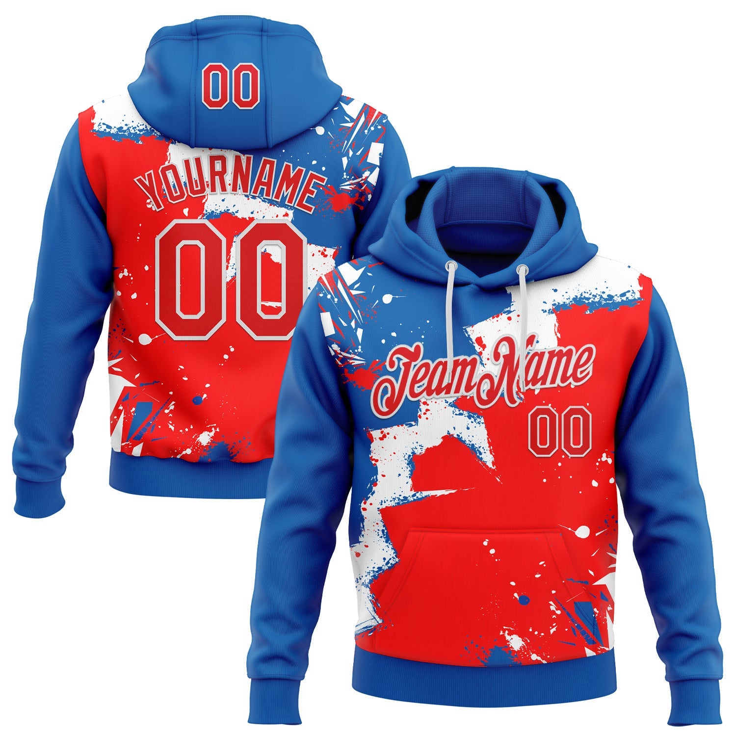 Custom Stitched Royal Fire Red-White 3D Pattern Design Splash Torn Paper Style Sports Pullover Sweatshirt Hoodie - Main View