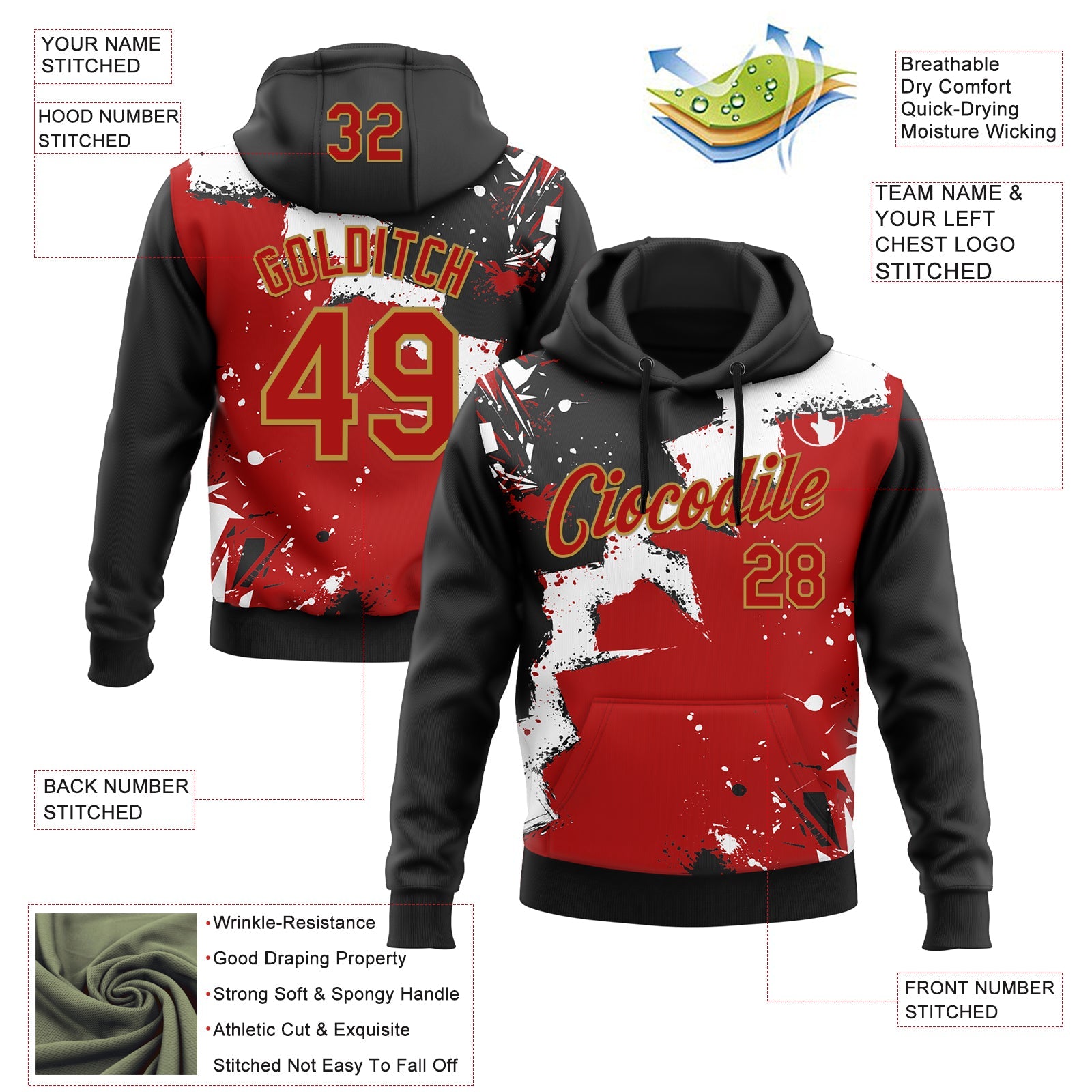 Custom Stitched Black Red Old Gold-White 3D Pattern Design Splash Torn Paper Style Sports Pullover Sweatshirt Hoodie view 2