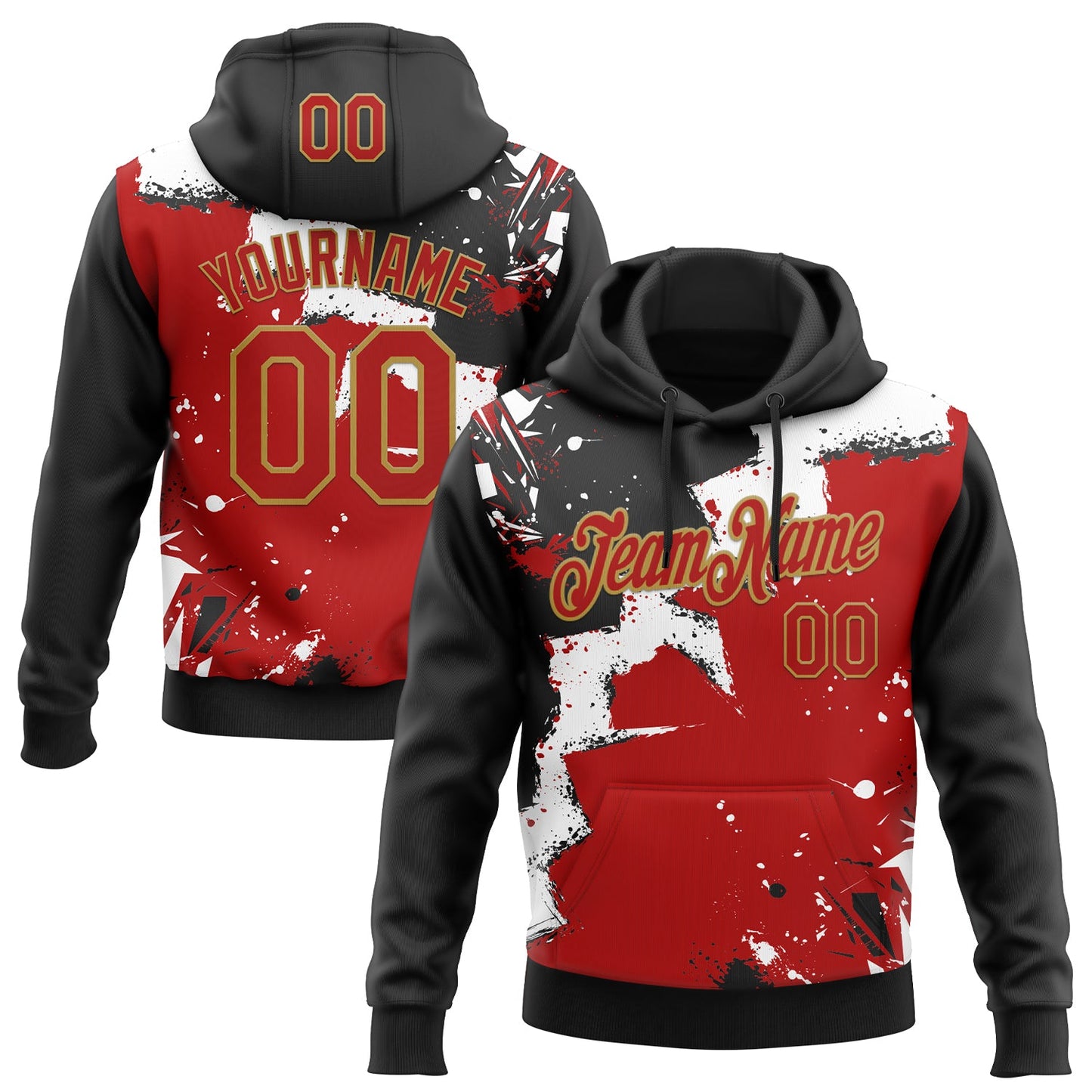Custom Stitched Black Red Old Gold-White 3D Pattern Design Splash Torn Paper Style Sports Pullover Sweatshirt Hoodie - Main View