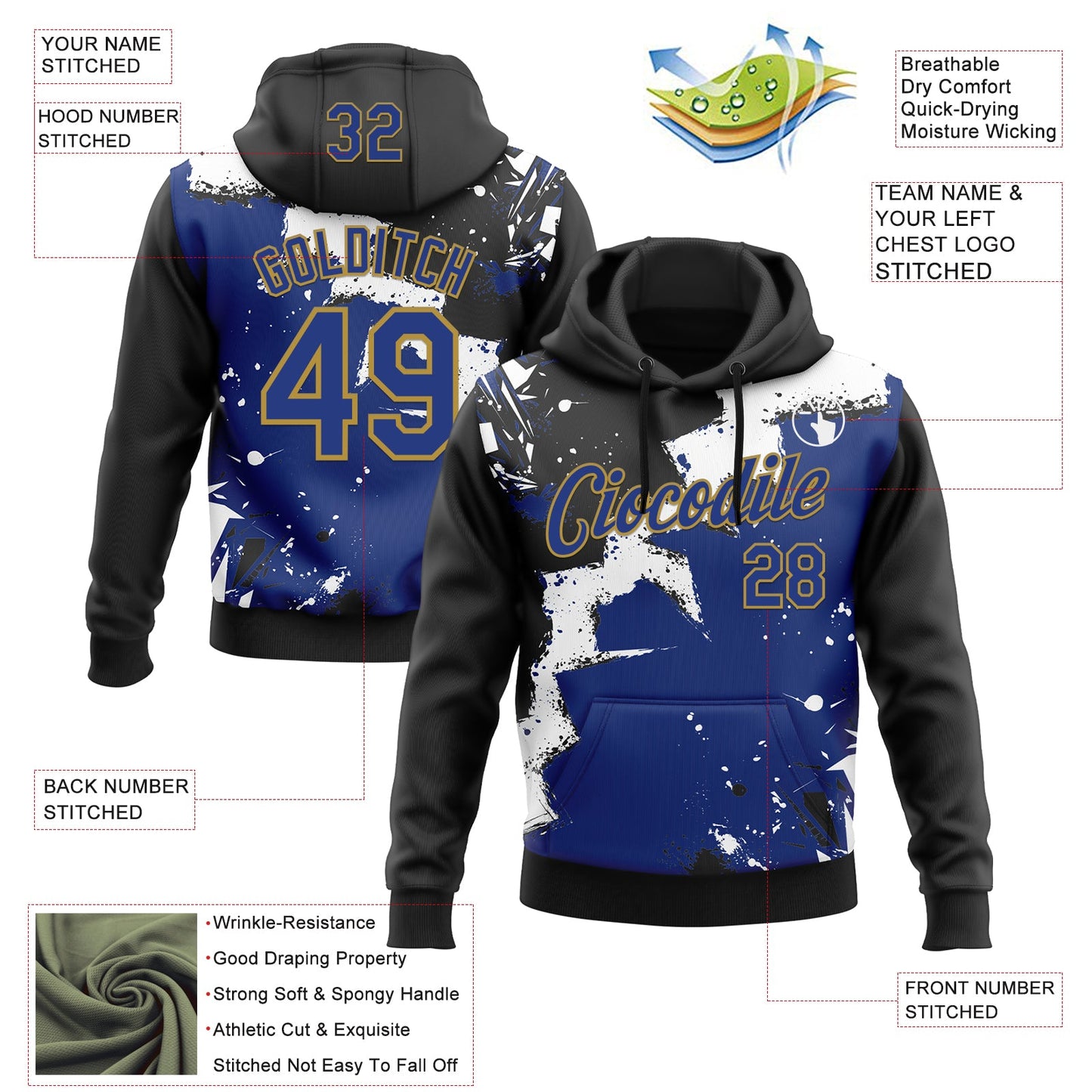Custom Stitched Black Royal Old Gold-White 3D Pattern Design Splash Torn Paper Style Sports Pullover Sweatshirt Hoodie view 2
