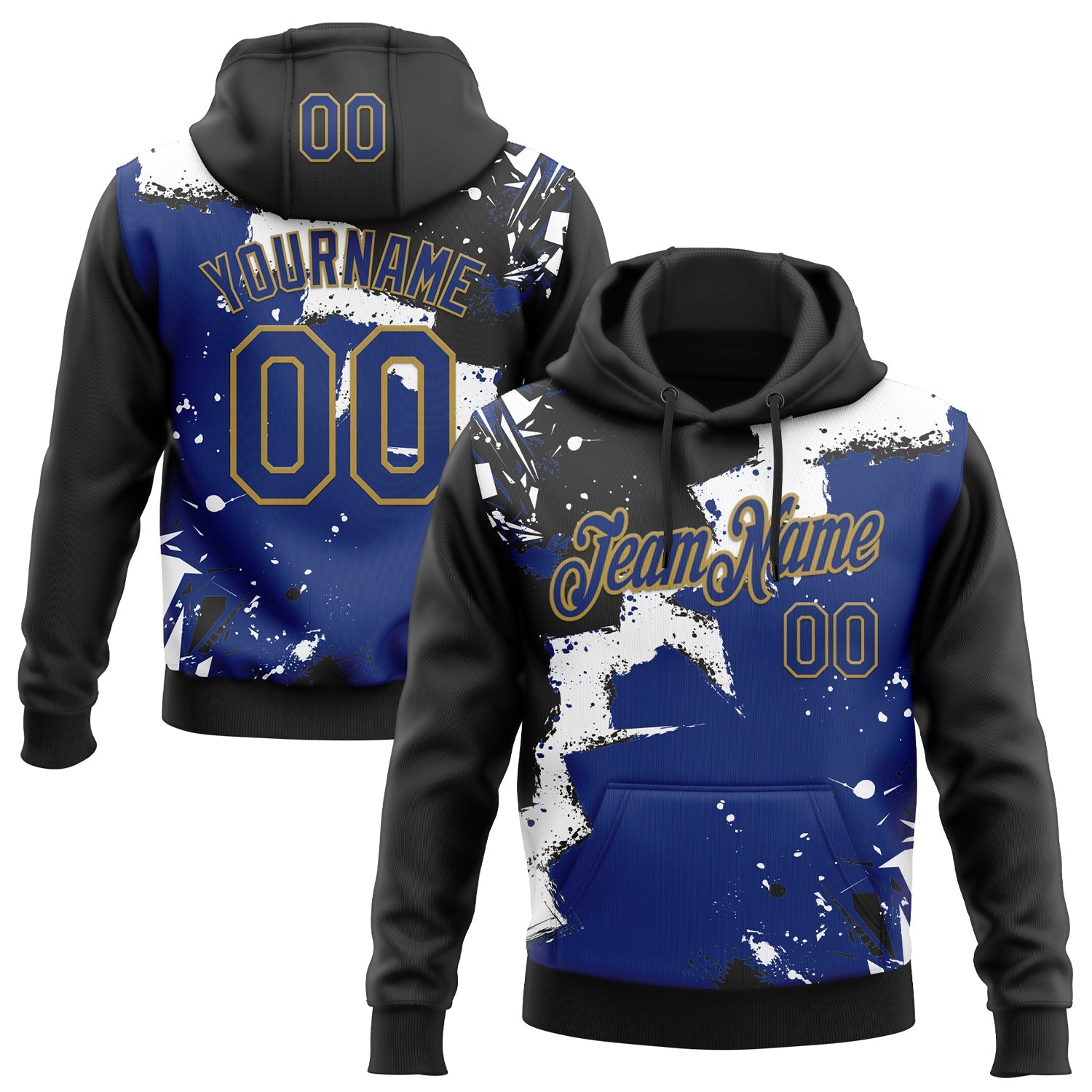 Custom Stitched Black Royal Old Gold-White 3D Pattern Design Splash Torn Paper Style Sports Pullover Sweatshirt Hoodie - Main View