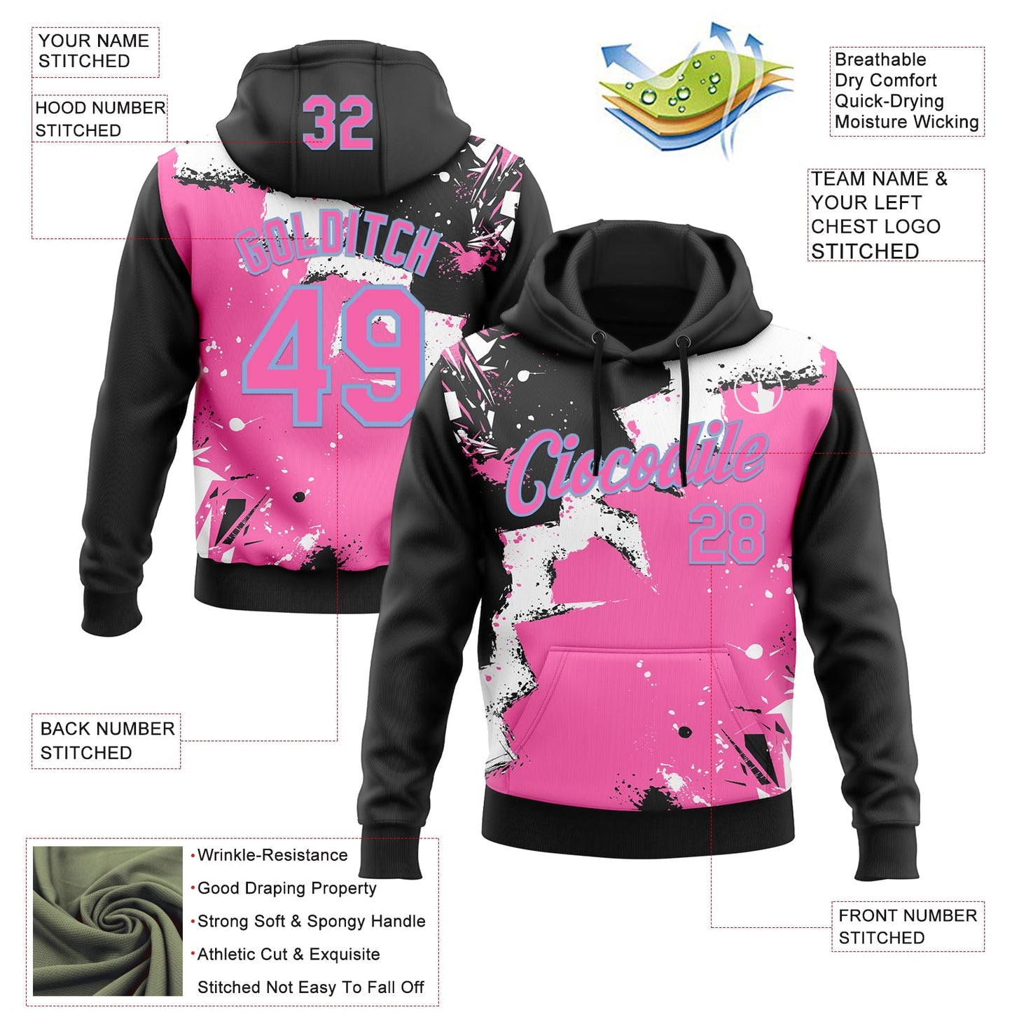 Custom Stitched Black Pink Light Blue-White 3D Pattern Design Splash Torn Paper Style Sports Pullover Sweatshirt Hoodie view 2