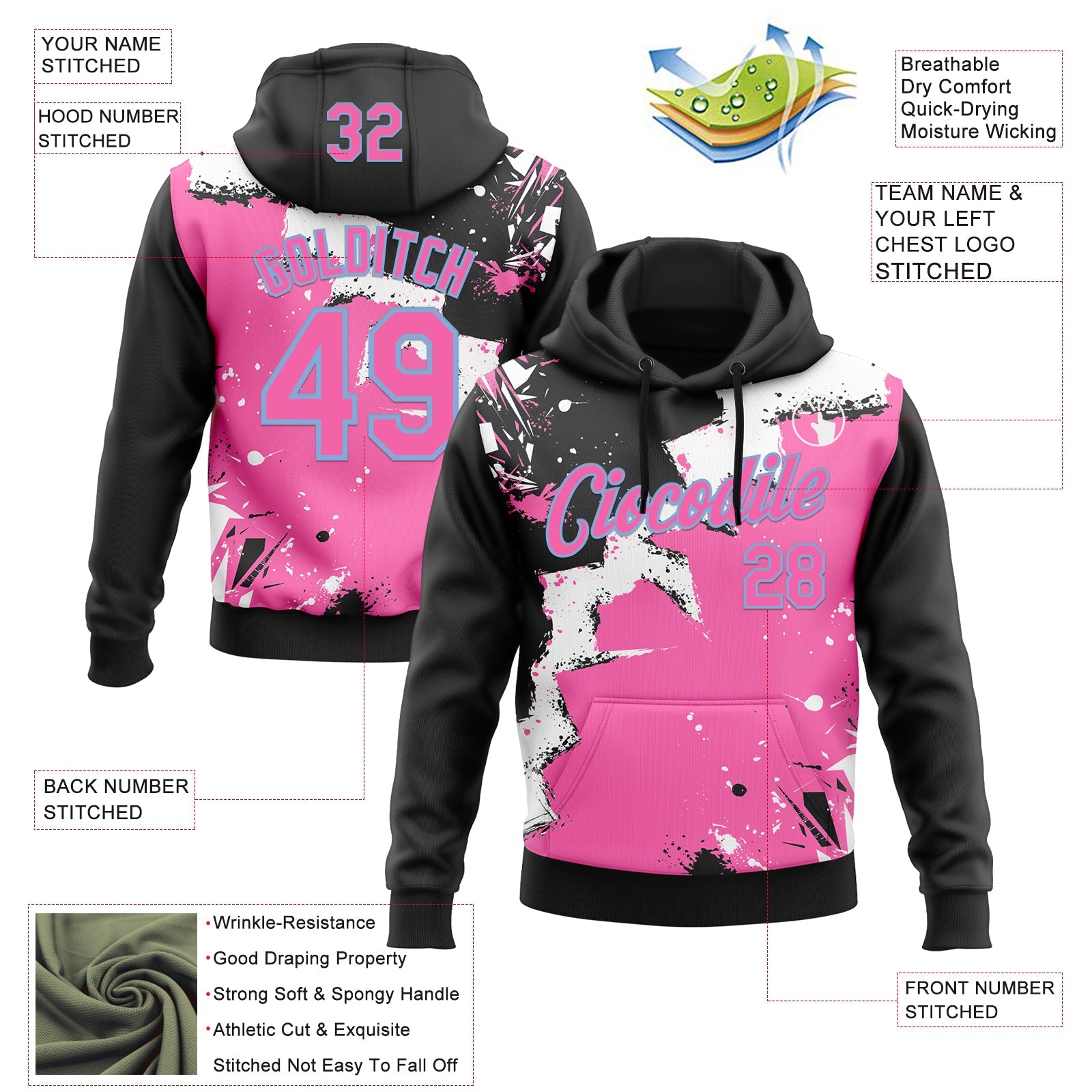 Custom Stitched Black Pink Light Blue-White 3D Pattern Design Splash Torn Paper Style Sports Pullover Sweatshirt Hoodie view 2
