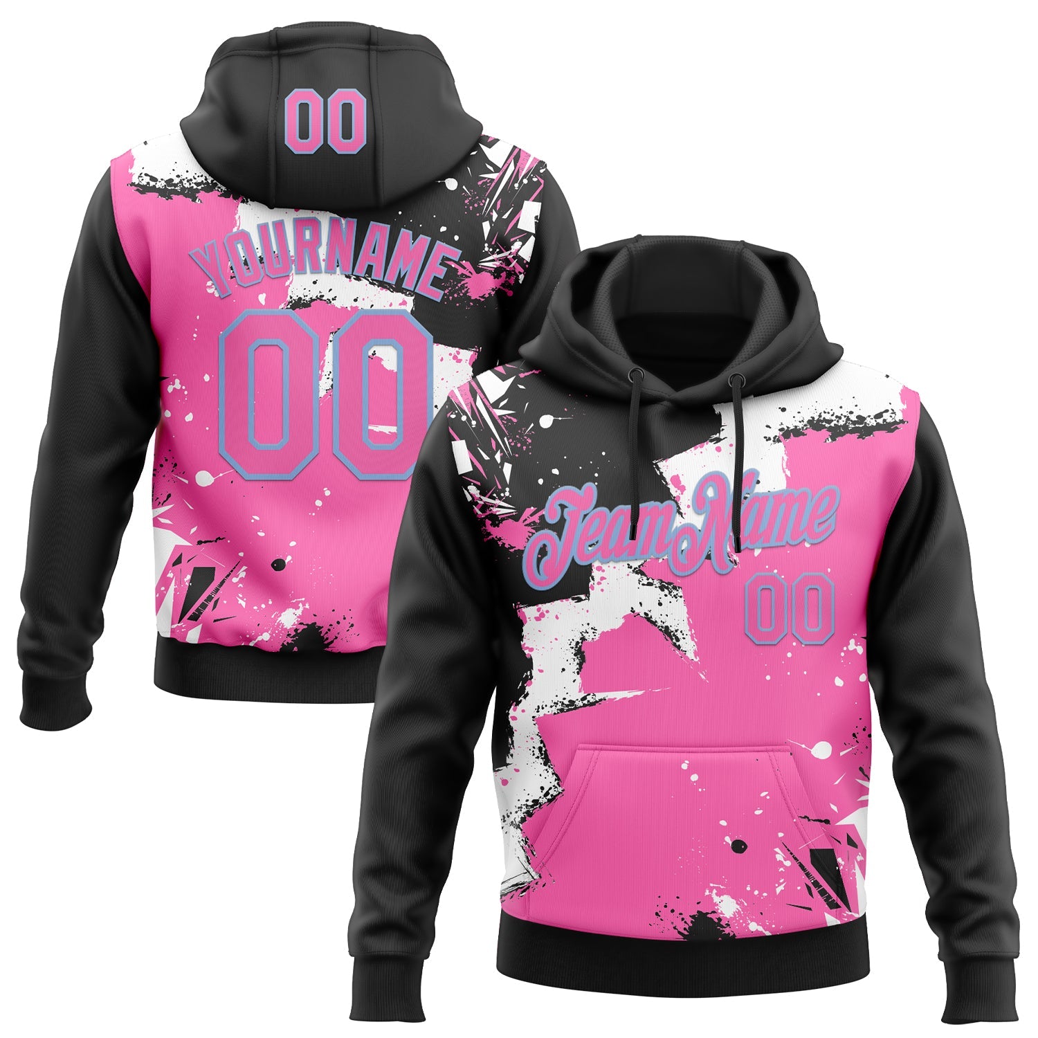 Custom Stitched Black Pink Light Blue-White 3D Pattern Design Splash Torn Paper Style Sports Pullover Sweatshirt Hoodie - Main View