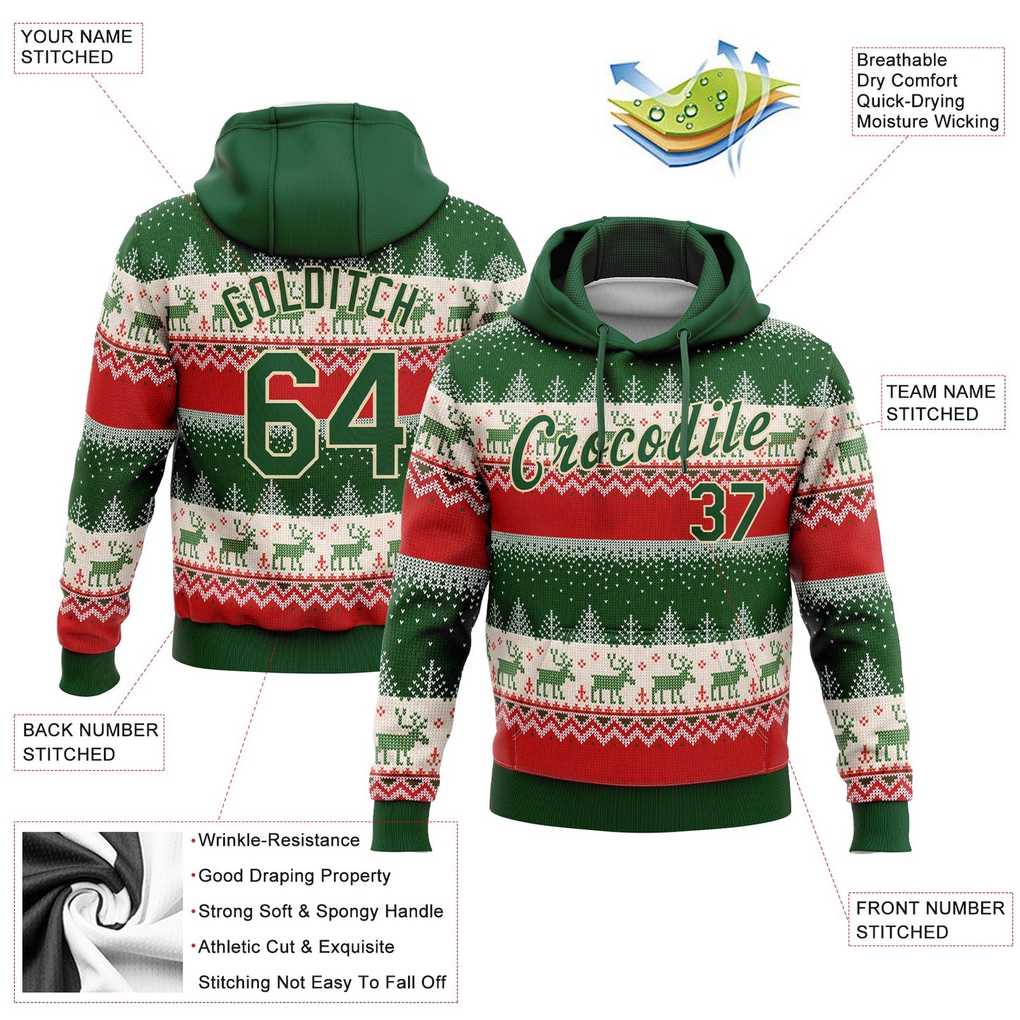 Custom Stitched Red Green-Cream 3D Christmas Reindeers Sports Pullover Sweatshirt Hoodie view 2