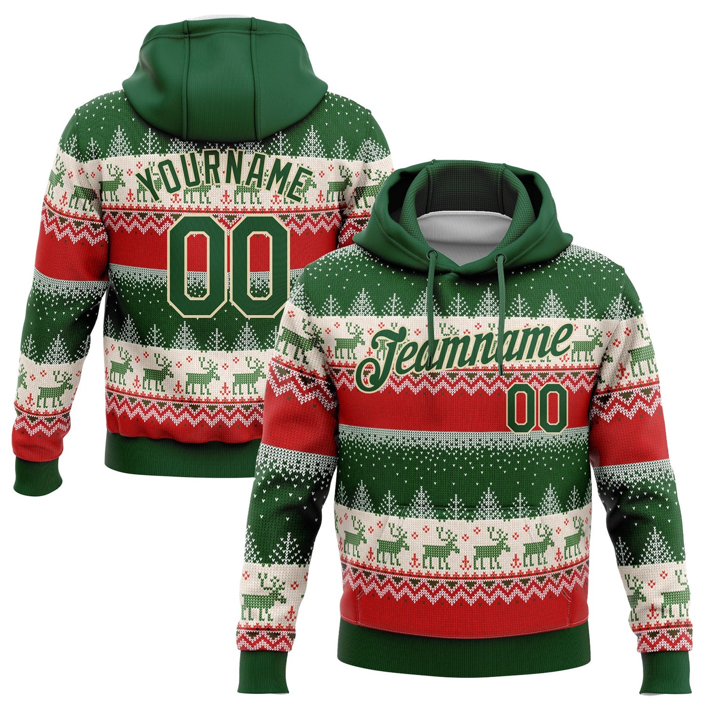 Custom Stitched Red Green-Cream 3D Christmas Reindeers Sports Pullover Sweatshirt Hoodie - Main View