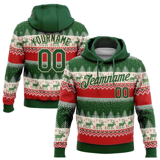Custom Stitched Red Green-Cream 3D Christmas Reindeers Sports Pullover Sweatshirt Hoodie - Main View