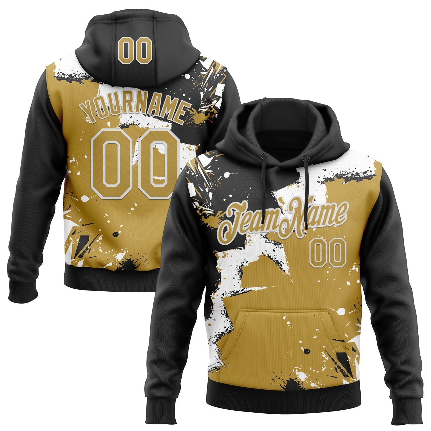 Custom Stitched Black Old Gold-White 3D Pattern Design Splash Torn Paper Style Sports Pullover Sweatshirt Hoodie - Main View