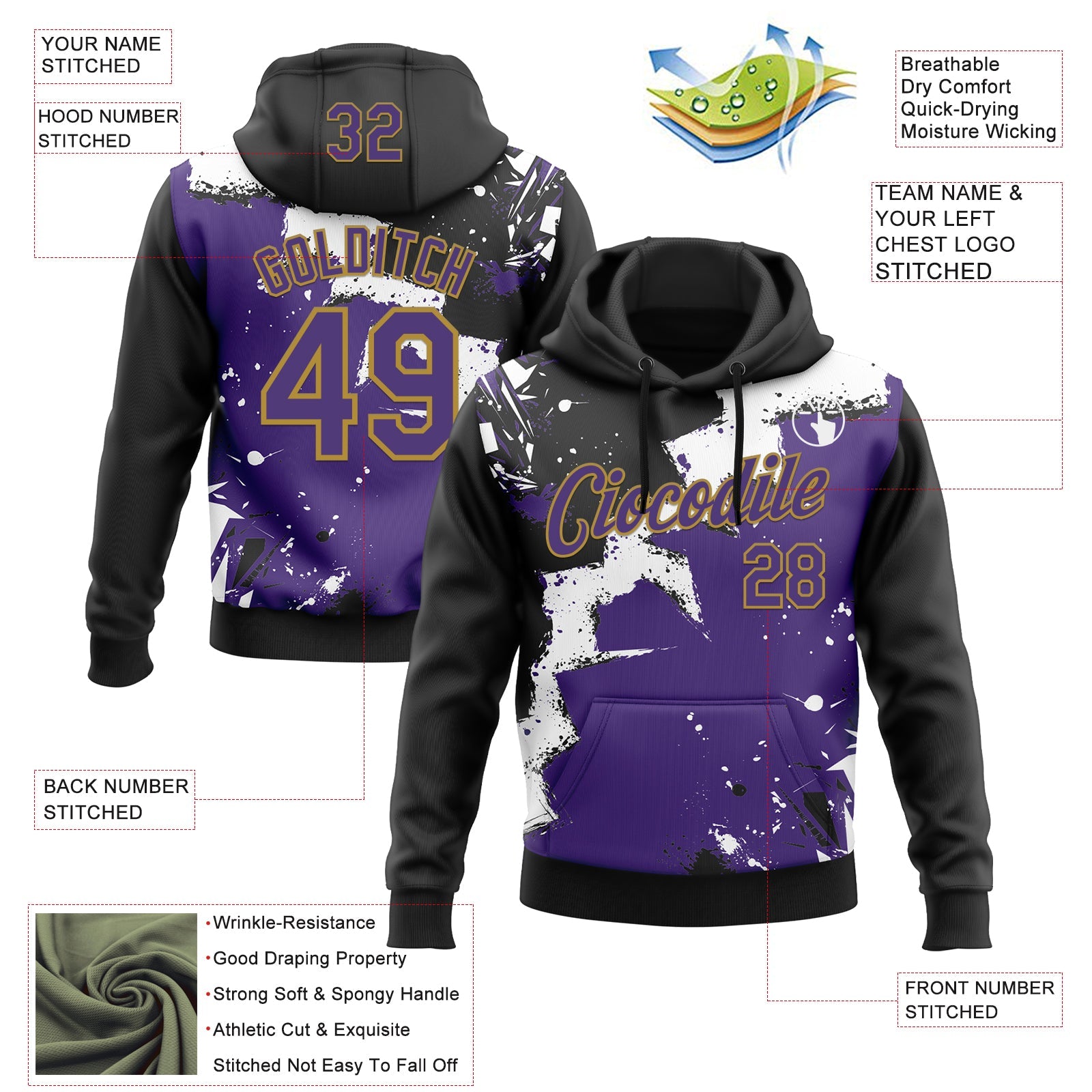 Custom Stitched Black Purple Old Gold-White 3D Pattern Design Splash Torn Paper Style Sports Pullover Sweatshirt Hoodie view 2
