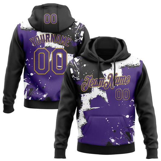 Custom Stitched Black Purple Old Gold-White 3D Pattern Design Splash Torn Paper Style Sports Pullover Sweatshirt Hoodie - Main View