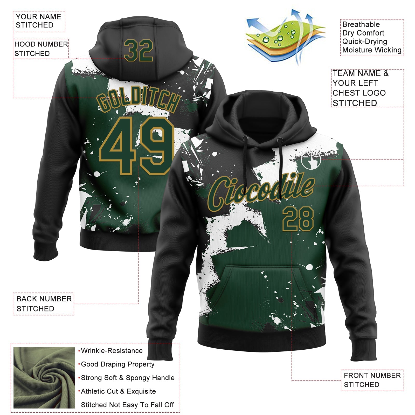 Custom Stitched Black Green Old Gold-White 3D Pattern Design Splash Torn Paper Style Sports Pullover Sweatshirt Hoodie view 2