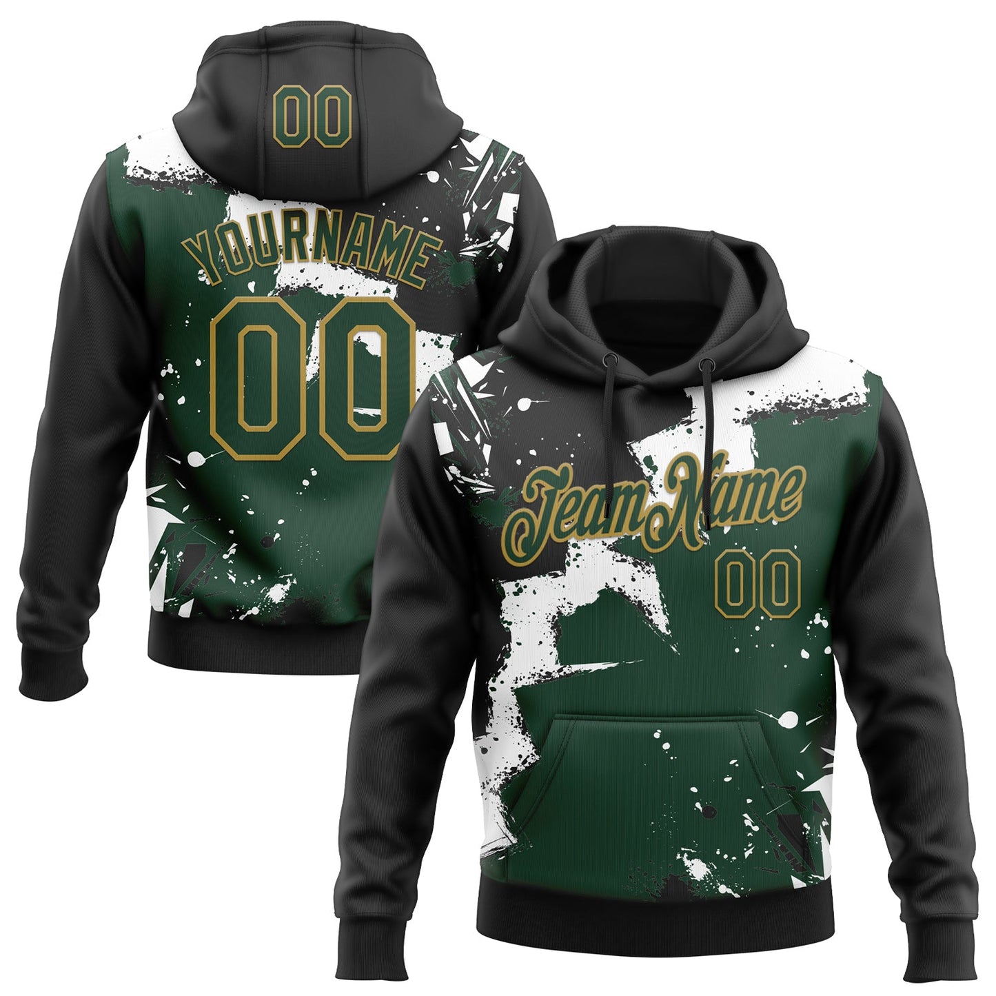 Custom Stitched Black Green Old Gold-White 3D Pattern Design Splash Torn Paper Style Sports Pullover Sweatshirt Hoodie - Main View