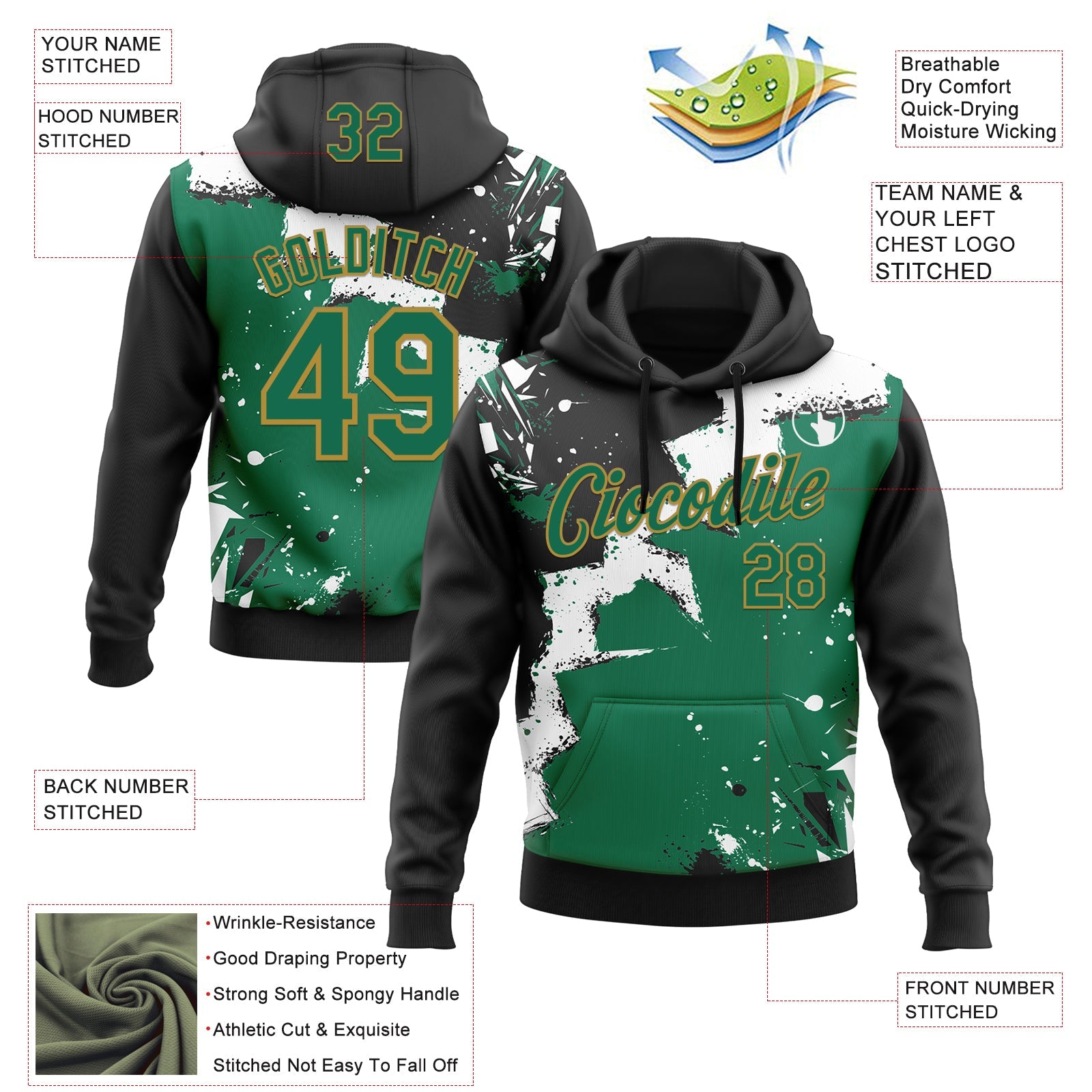 Custom Stitched Black Kelly Green Old Gold-White 3D Pattern Design Splash Torn Paper Style Sports Pullover Sweatshirt Hoodie view 2