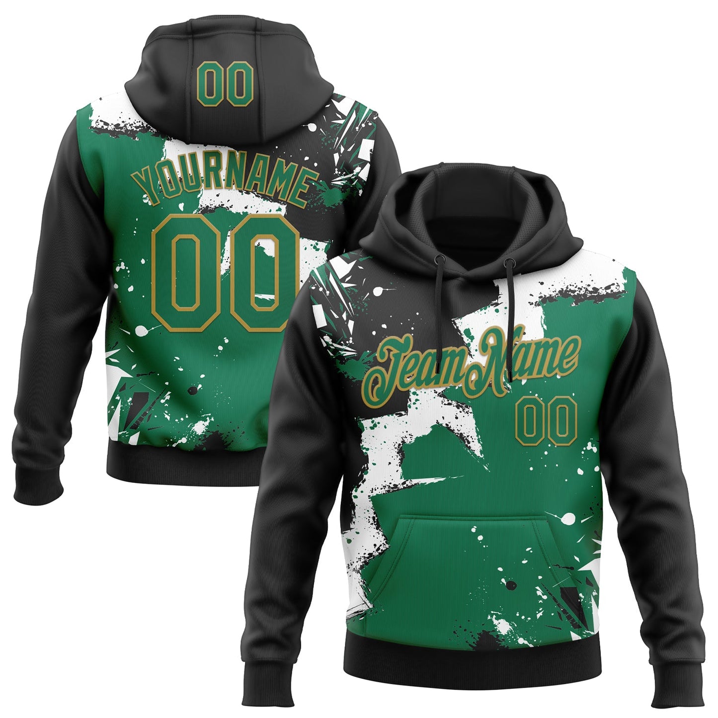 Custom Stitched Black Kelly Green Old Gold-White 3D Pattern Design Splash Torn Paper Style Sports Pullover Sweatshirt Hoodie - Main View