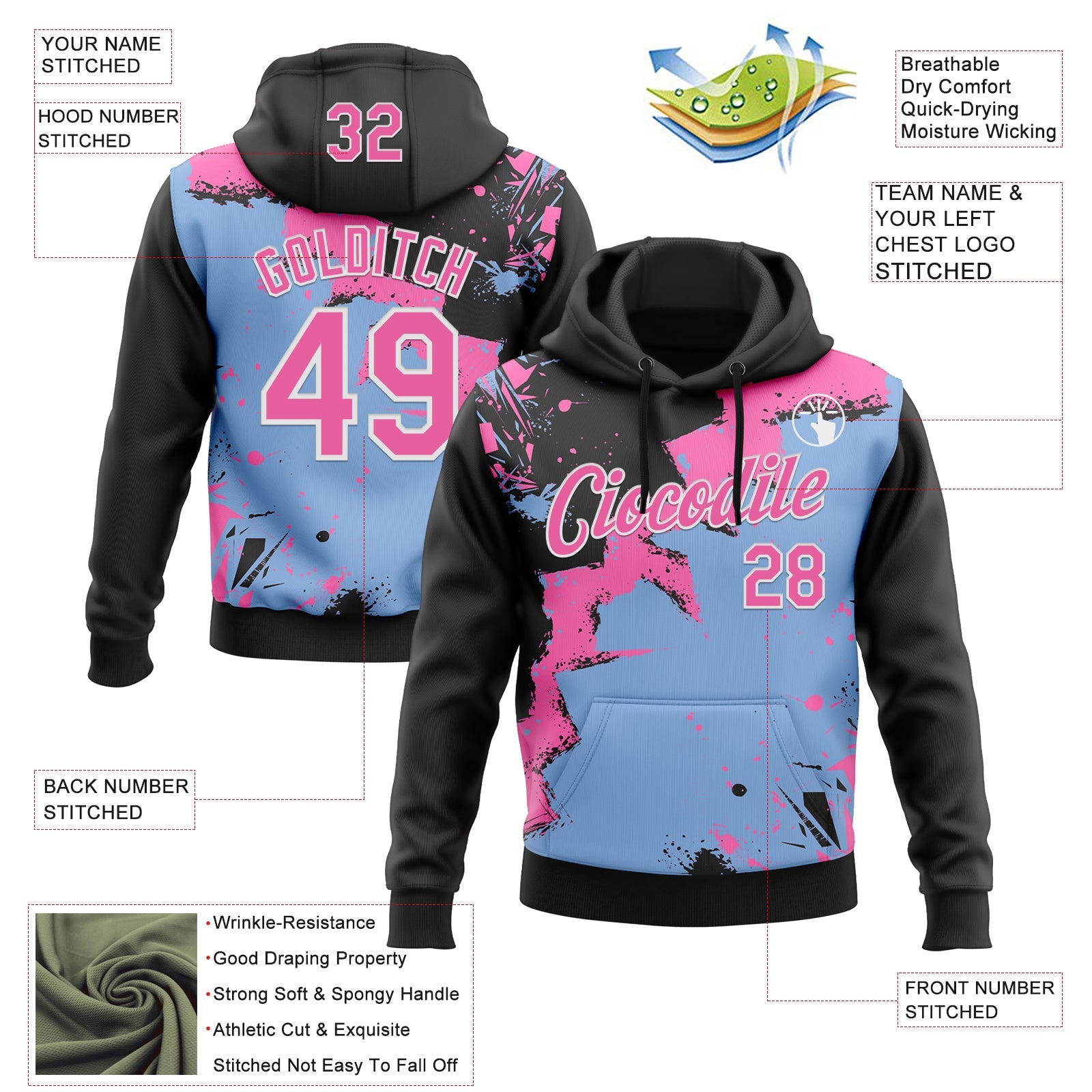 Custom Stitched Black Pink Light Blue-White 3D Pattern Design Splash Torn Paper Style Sports Pullover Sweatshirt Hoodie view 2