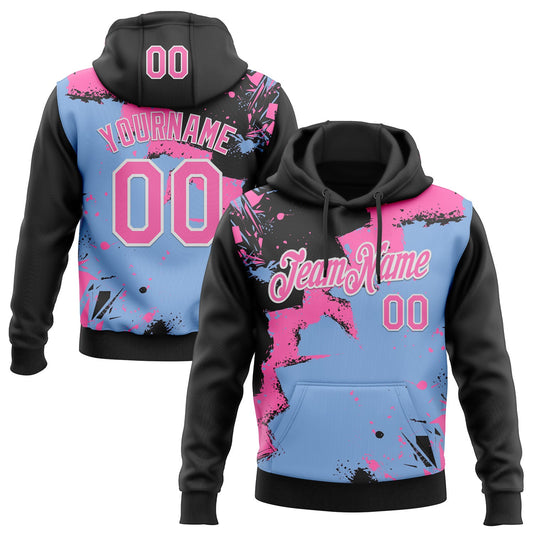Custom Stitched Black Pink Light Blue-White 3D Pattern Design Splash Torn Paper Style Sports Pullover Sweatshirt Hoodie - Main View