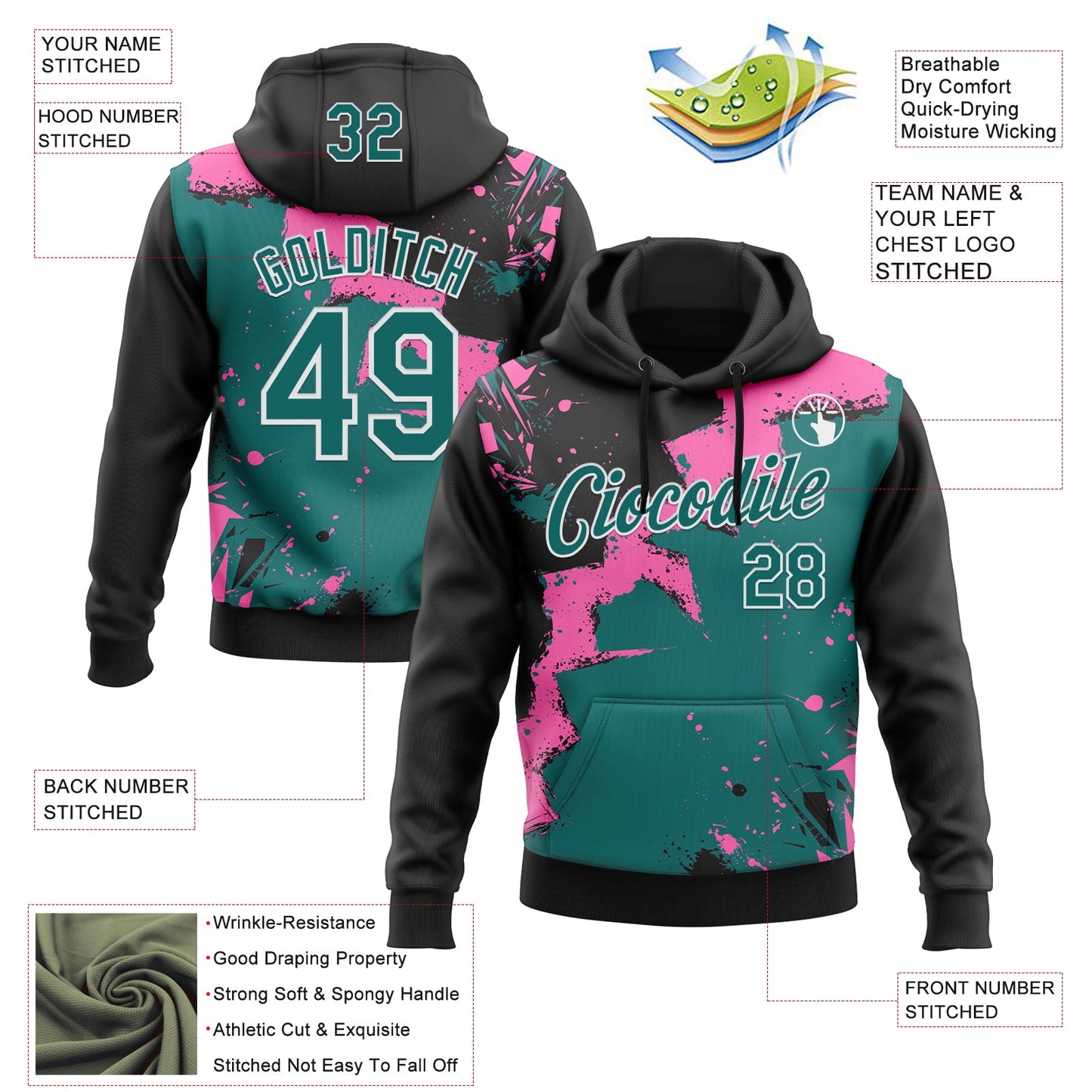Custom Stitched Black Teal Pink-White 3D Pattern Design Splash Torn Paper Style Sports Pullover Sweatshirt Hoodie view 2