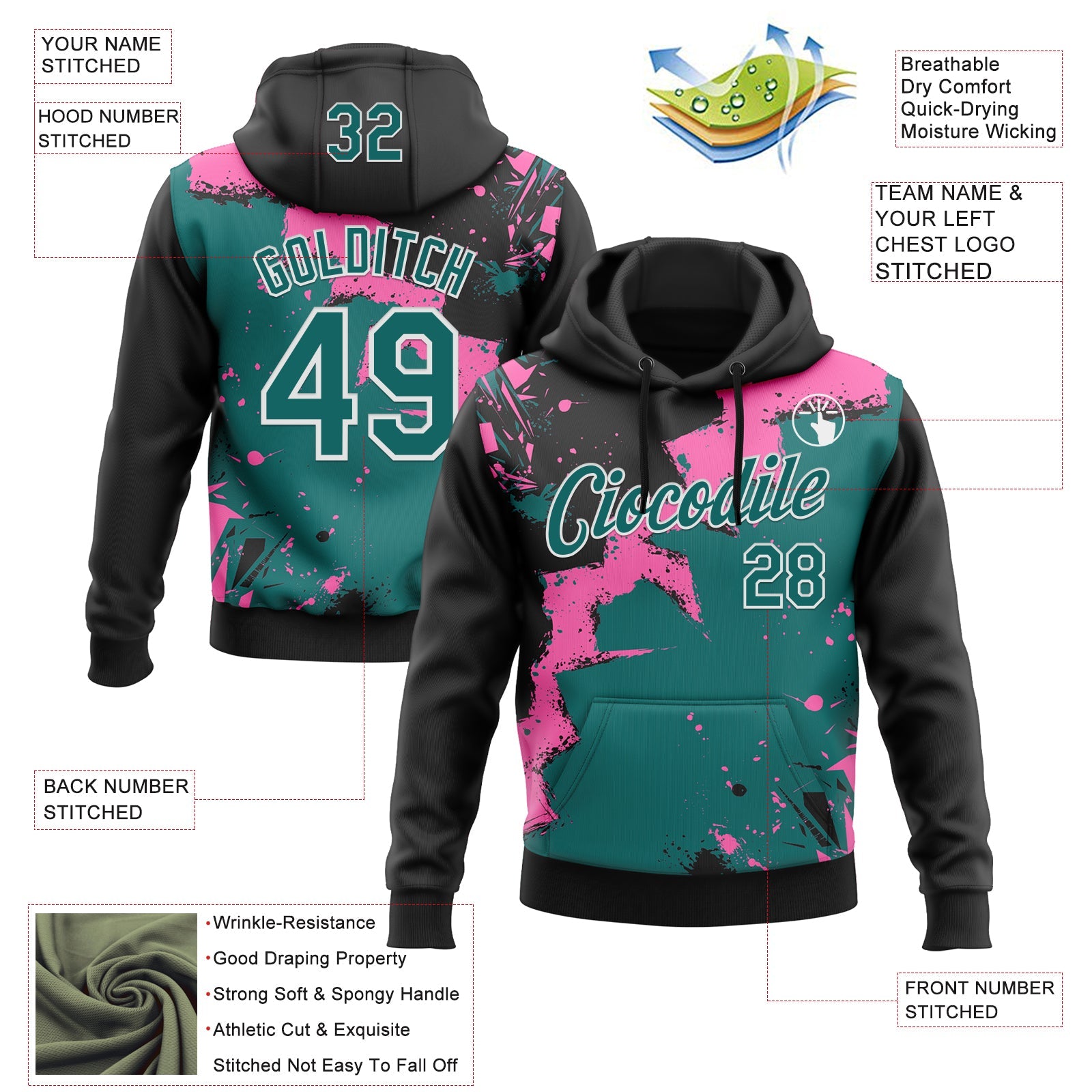 Custom Stitched Black Teal Pink-White 3D Pattern Design Splash Torn Paper Style Sports Pullover Sweatshirt Hoodie view 2