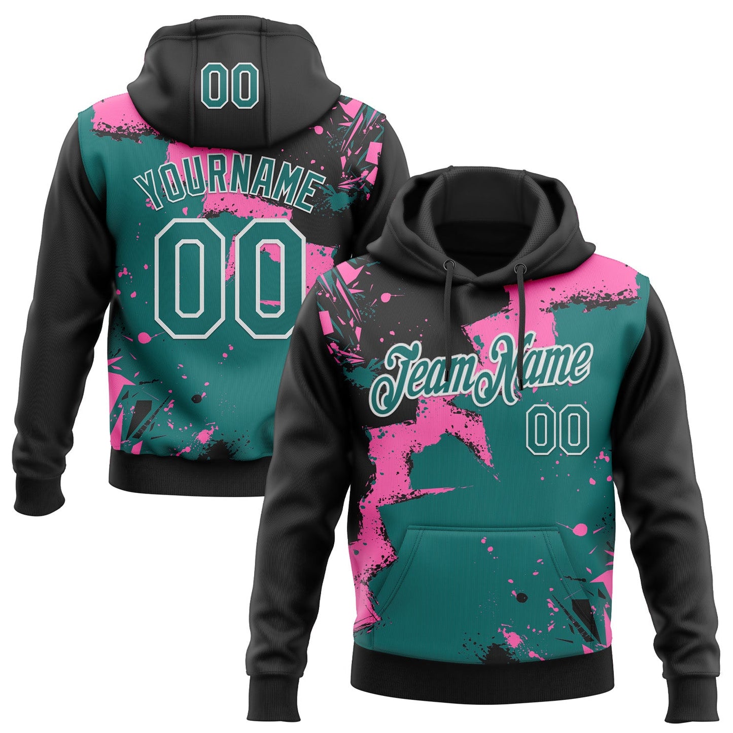 Custom Stitched Black Teal Pink-White 3D Pattern Design Splash Torn Paper Style Sports Pullover Sweatshirt Hoodie - Main View