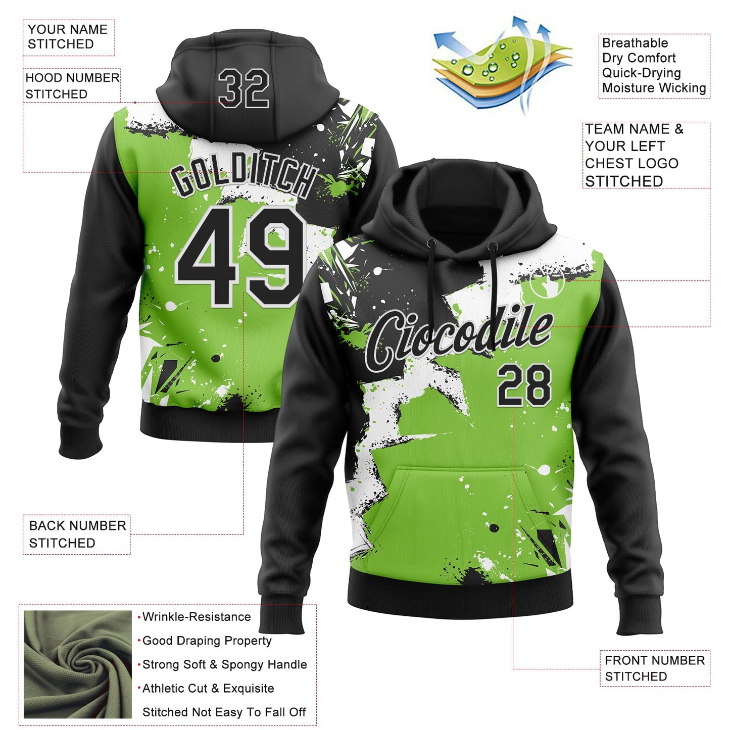 Custom Stitched Black Neon Green-White 3D Pattern Design Splash Torn Paper Style Sports Pullover Sweatshirt Hoodie view 2