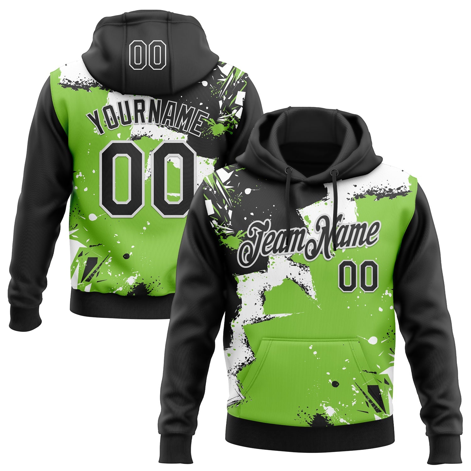 Custom Stitched Black Neon Green-White 3D Pattern Design Splash Torn Paper Style Sports Pullover Sweatshirt Hoodie - Main View