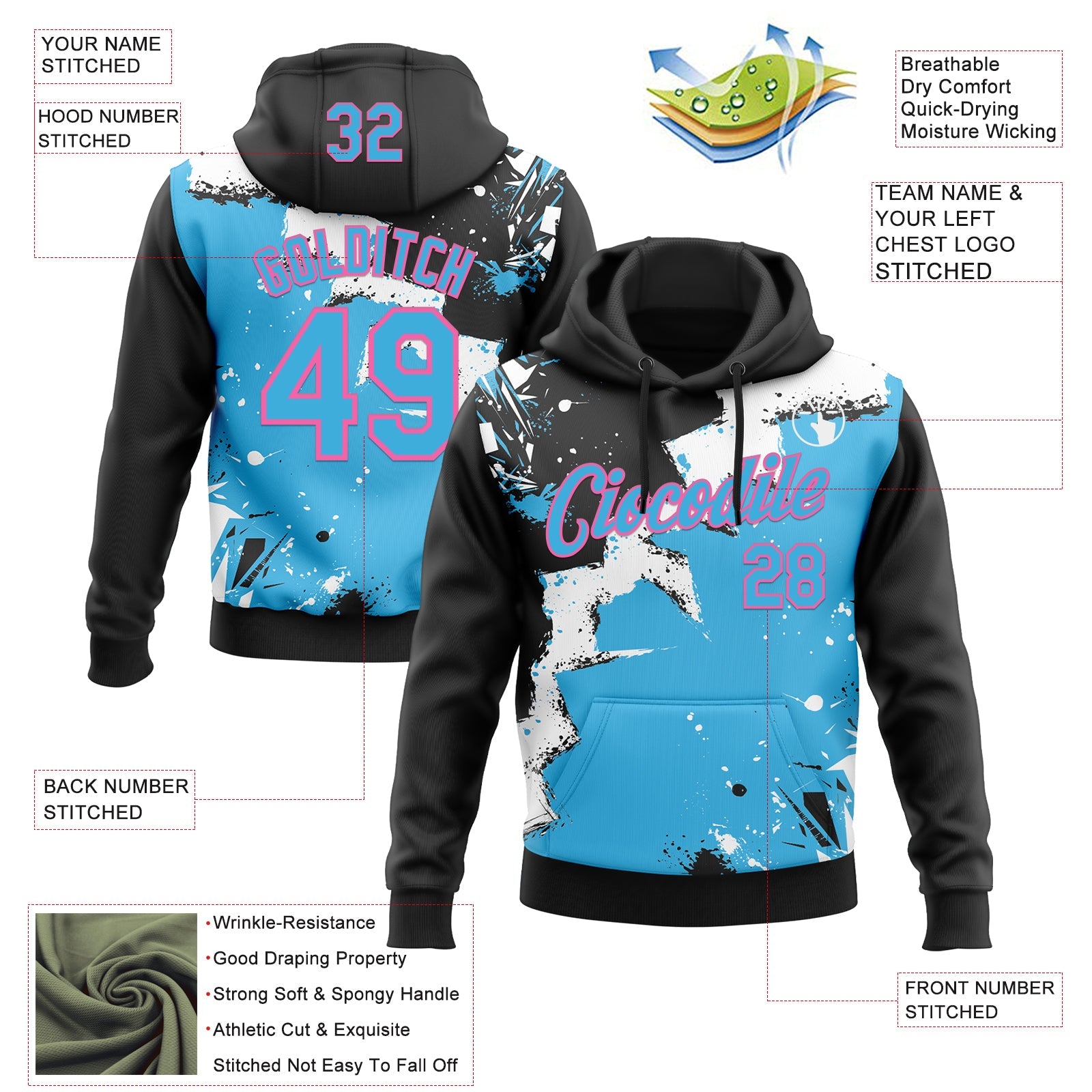 Custom Stitched Black Sky Blue Pink-White 3D Pattern Design Splash Torn Paper Style Sports Pullover Sweatshirt Hoodie view 2