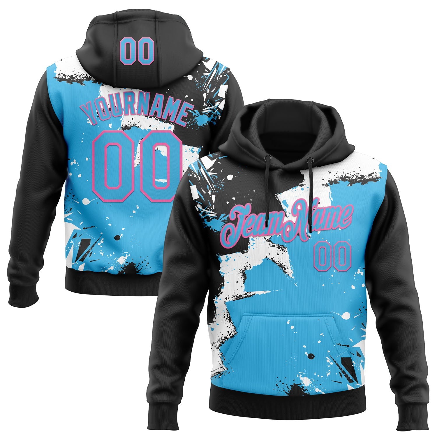 Custom Stitched Black Sky Blue Pink-White 3D Pattern Design Splash Torn Paper Style Sports Pullover Sweatshirt Hoodie - Main View