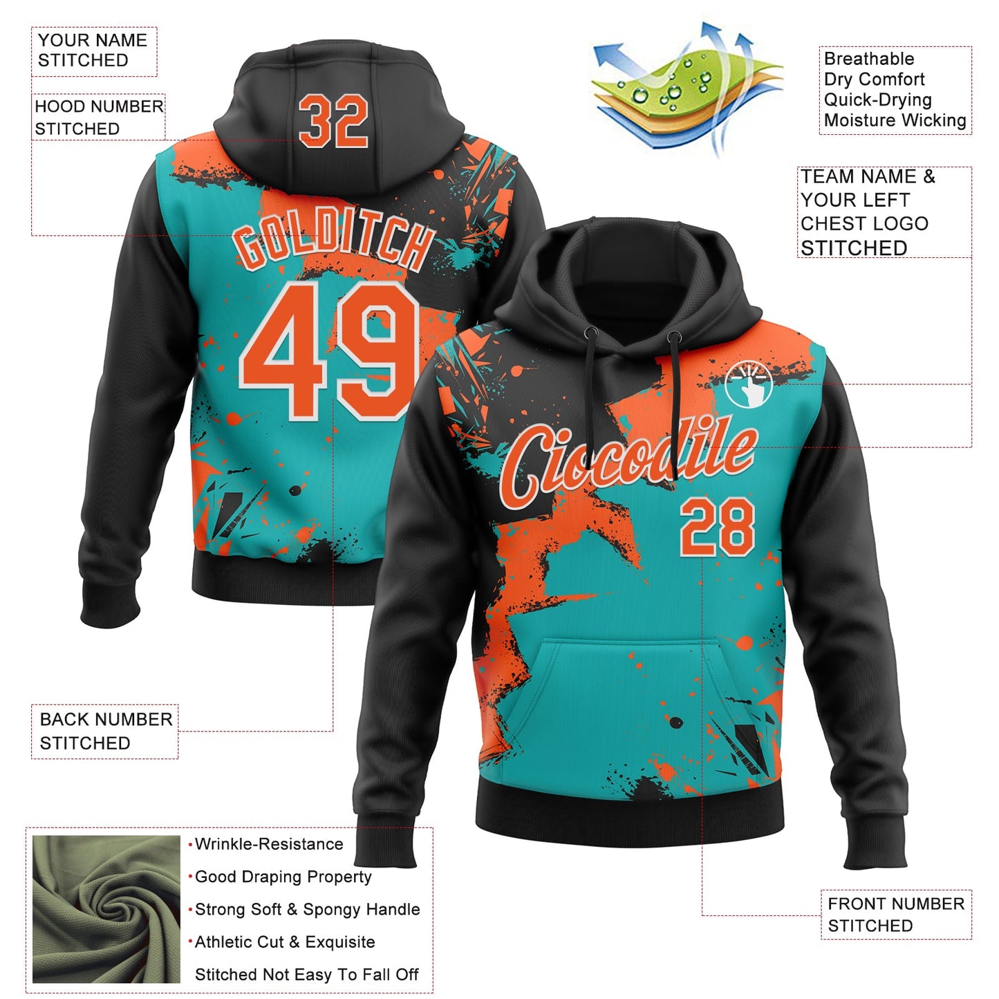 Custom Stitched Black Orange Aqua-White 3D Pattern Design Splash Torn Paper Style Sports Pullover Sweatshirt Hoodie view 2
