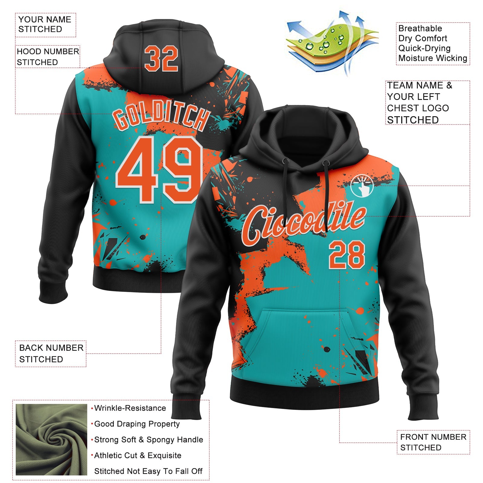 Custom Stitched Black Orange Aqua-White 3D Pattern Design Splash Torn Paper Style Sports Pullover Sweatshirt Hoodie view 2
