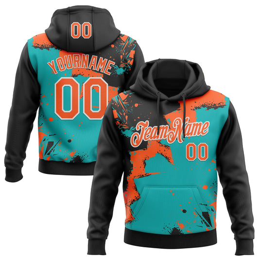 Custom Stitched Black Orange Aqua-White 3D Pattern Design Splash Torn Paper Style Sports Pullover Sweatshirt Hoodie - Main View