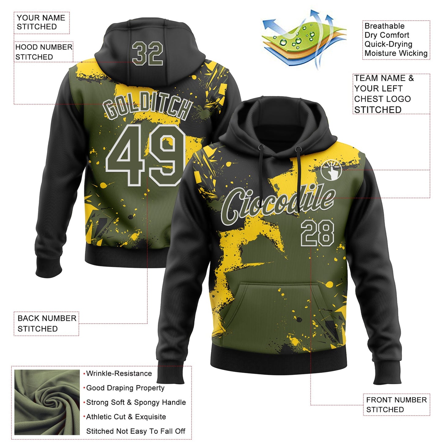 Custom Stitched Black Olive Yellow-White 3D Pattern Design Splash Torn Paper Style Sports Pullover Sweatshirt Hoodie view 2