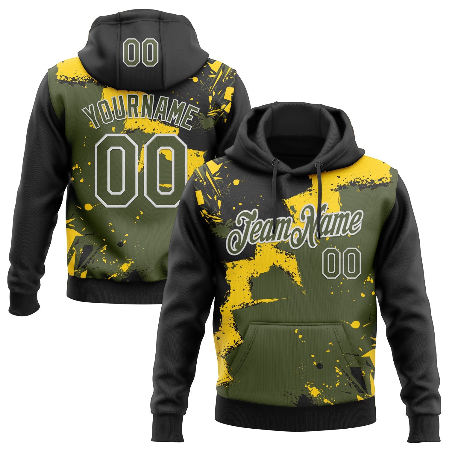 Custom Stitched Black Olive Yellow-White 3D Pattern Design Splash Torn Paper Style Sports Pullover Sweatshirt Hoodie - Main View