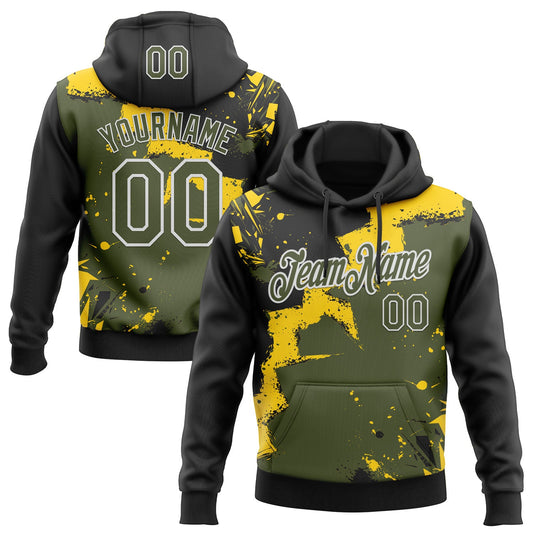 Custom Stitched Black Olive Yellow-White 3D Pattern Design Splash Torn Paper Style Sports Pullover Sweatshirt Hoodie - Main View