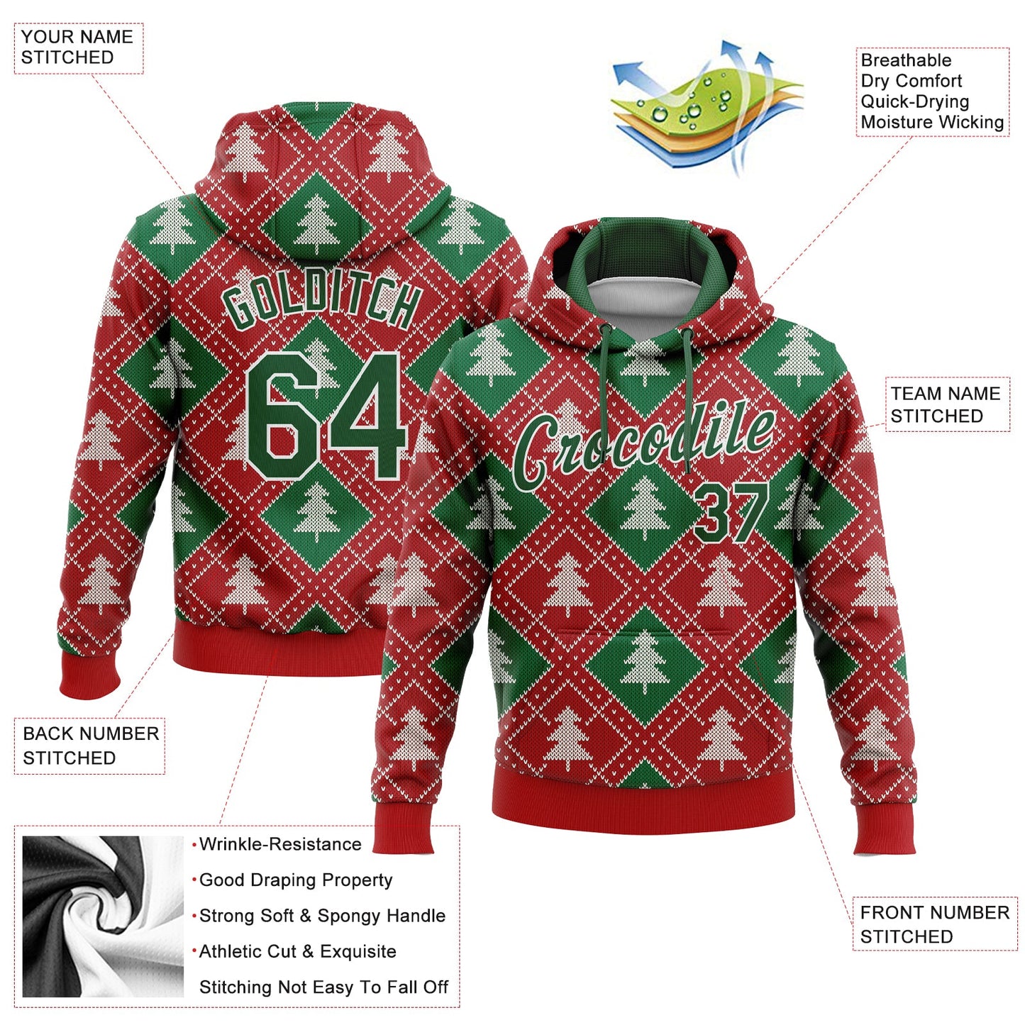 Custom Stitched Red Green-White 3D Christmas Trees Sports Pullover Sweatshirt Hoodie view 2
