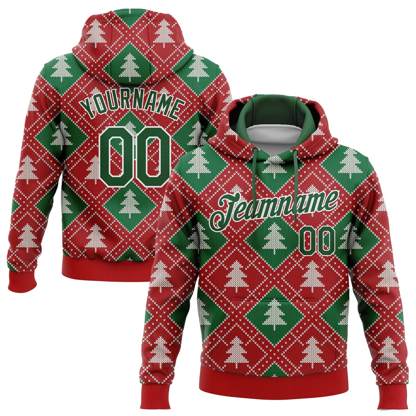 Custom Stitched Red Green-White 3D Christmas Trees Sports Pullover Sweatshirt Hoodie - Main View