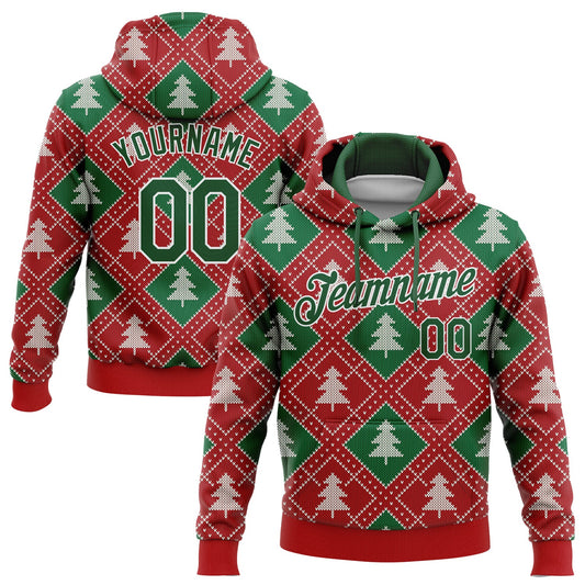Custom Stitched Red Green-White 3D Christmas Trees Sports Pullover Sweatshirt Hoodie - Main View
