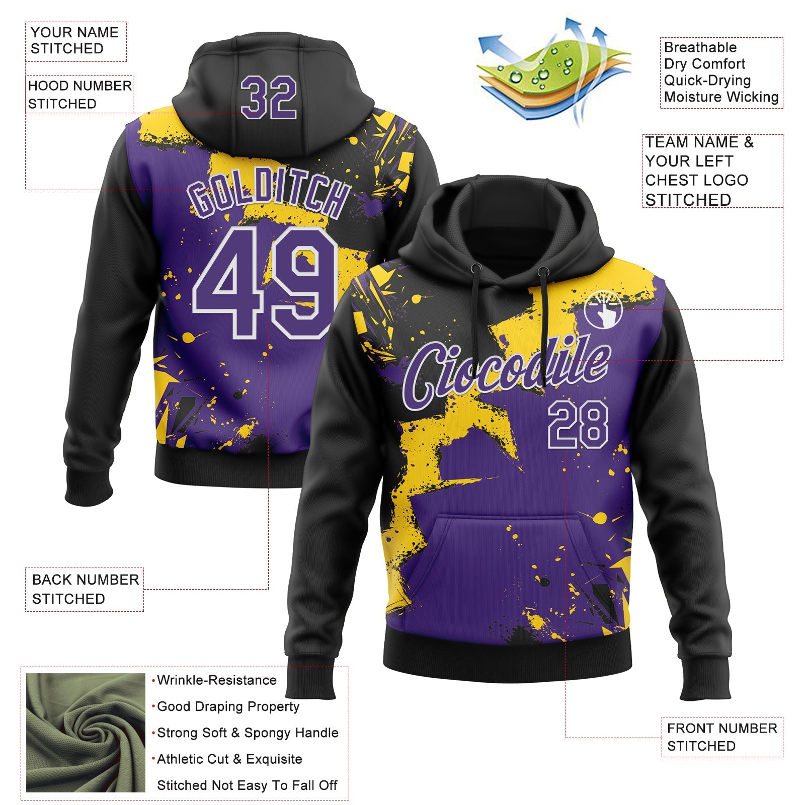 Custom Stitched Black Purple Yellow-White 3D Pattern Design Splash Torn Paper Style Sports Pullover Sweatshirt Hoodie view 2