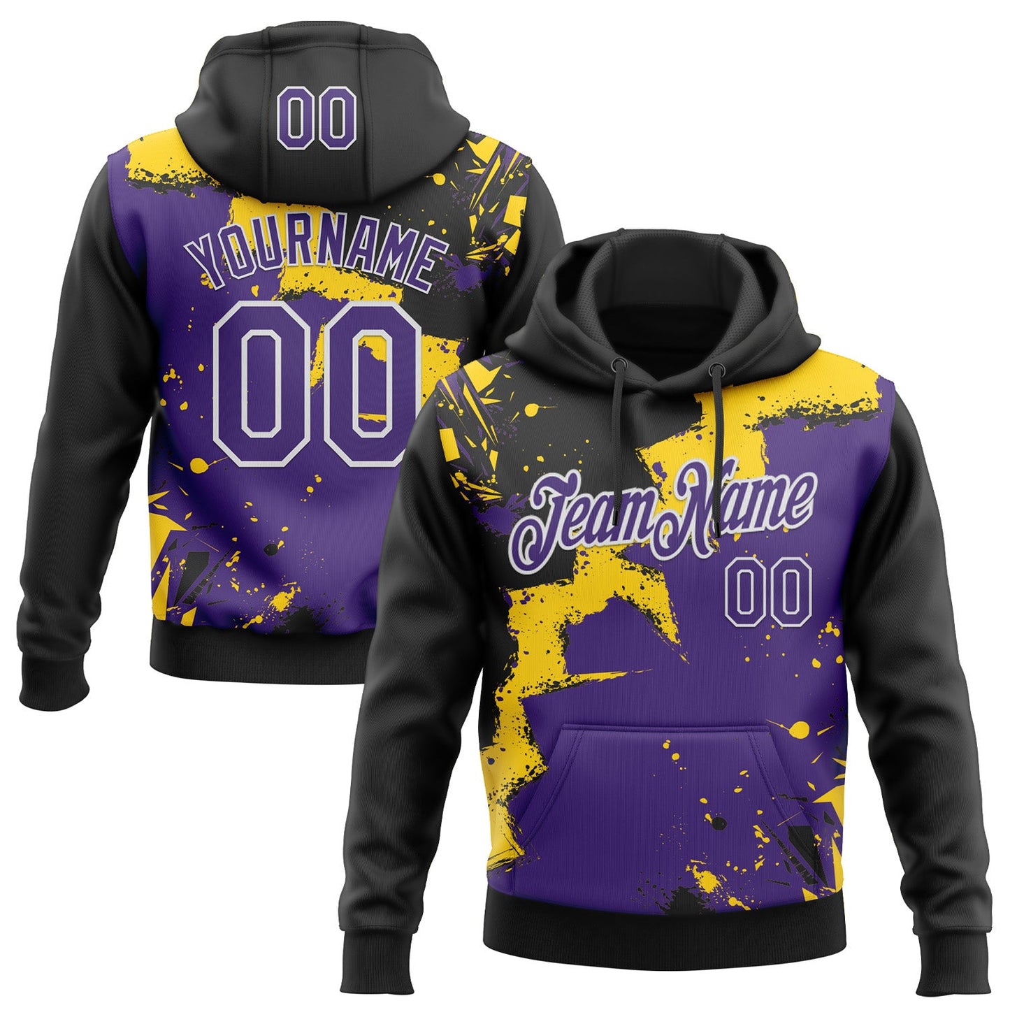 Custom Stitched Black Purple Yellow-White 3D Pattern Design Splash Torn Paper Style Sports Pullover Sweatshirt Hoodie - Main View
