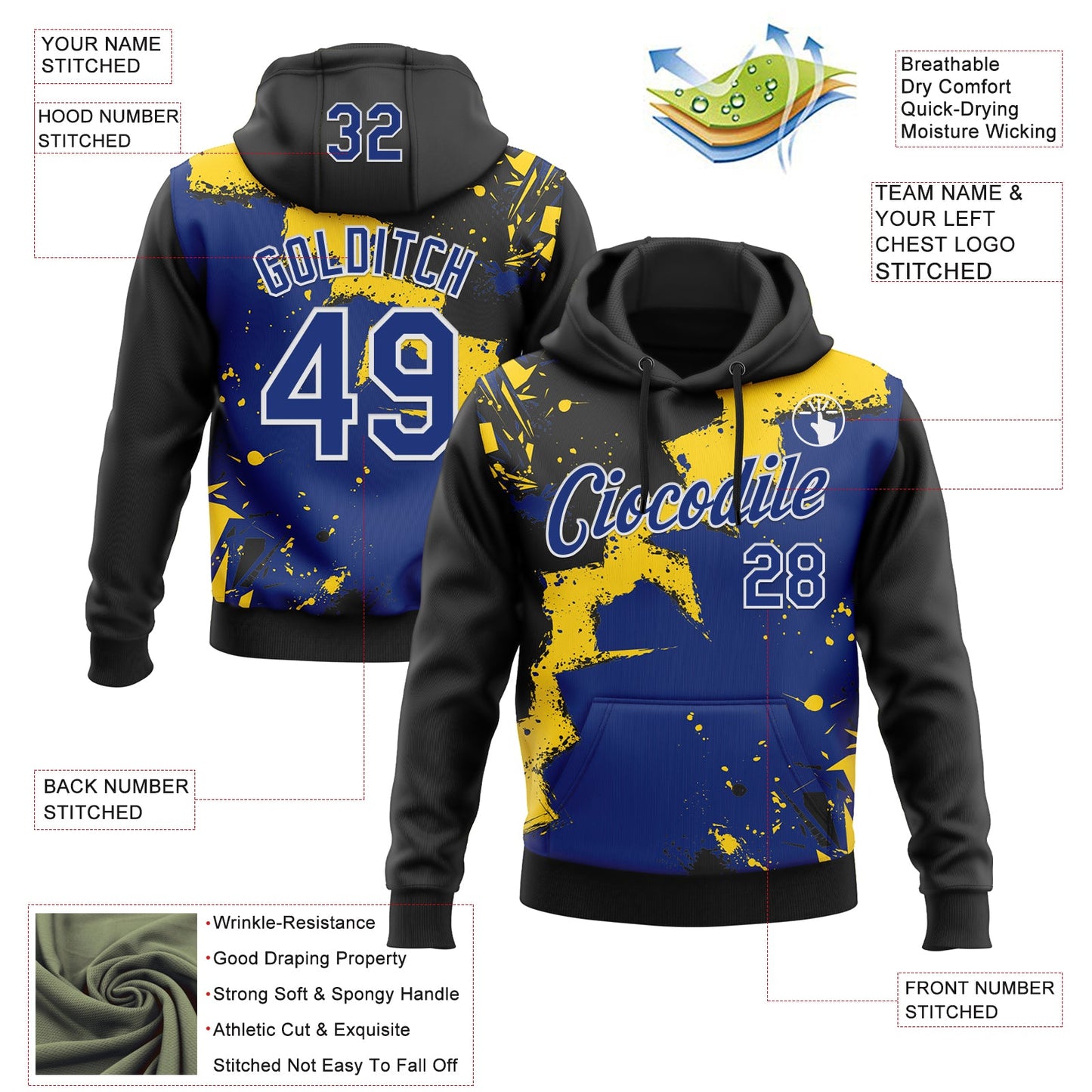 Custom Stitched Black Royal Yellow-White 3D Pattern Design Splash Torn Paper Style Sports Pullover Sweatshirt Hoodie view 2