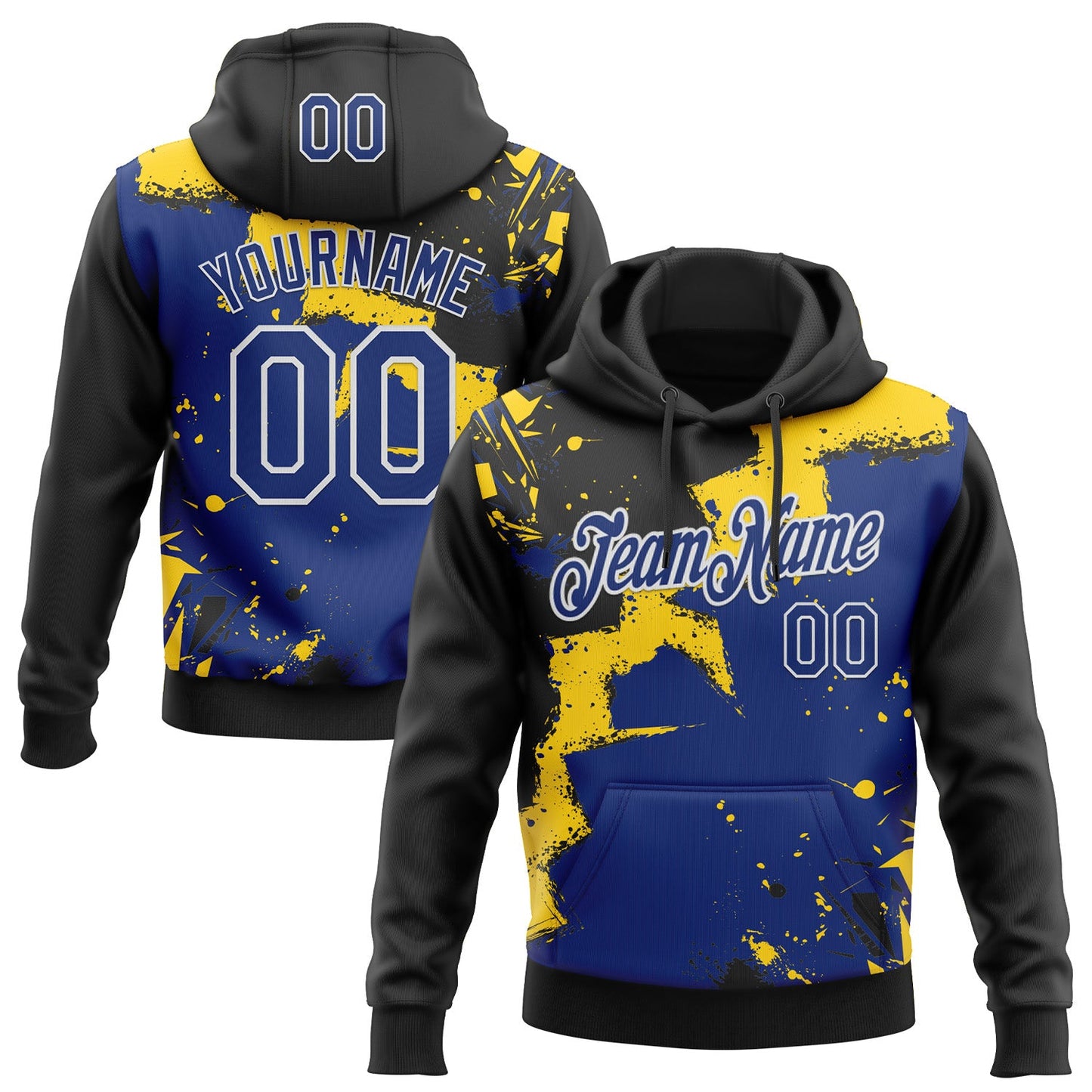 Custom Stitched Black Royal Yellow-White 3D Pattern Design Splash Torn Paper Style Sports Pullover Sweatshirt Hoodie - Main View