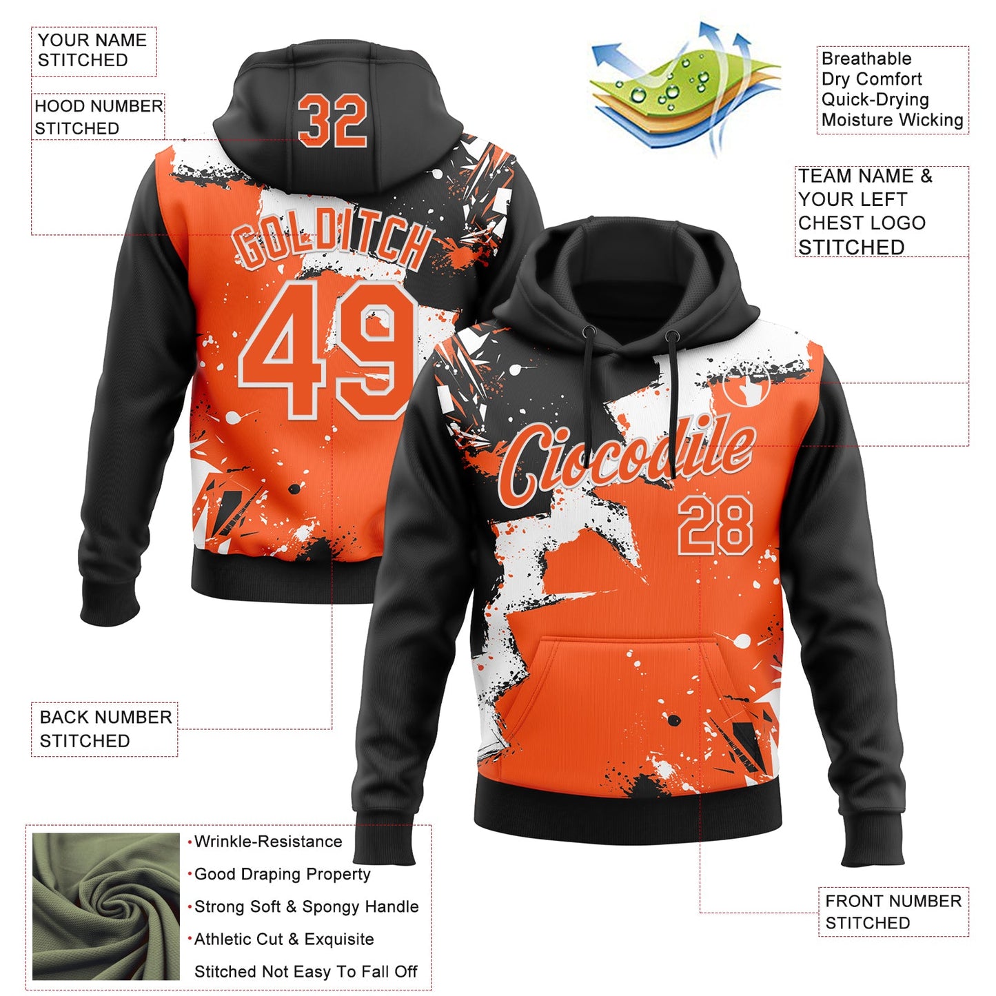 Custom Stitched Black Orange-White 3D Pattern Design Splash Torn Paper Style Sports Pullover Sweatshirt Hoodie view 2