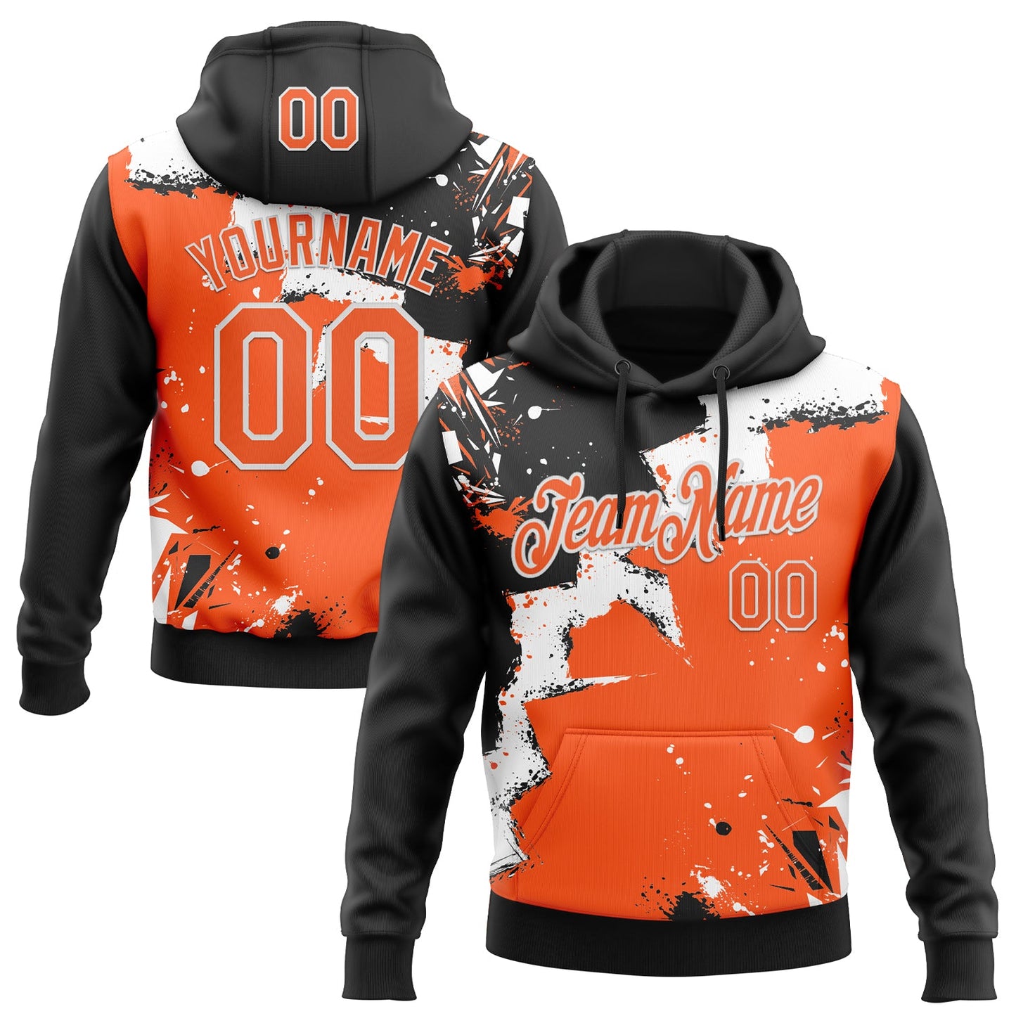 Custom Stitched Black Orange-White 3D Pattern Design Splash Torn Paper Style Sports Pullover Sweatshirt Hoodie - Main View