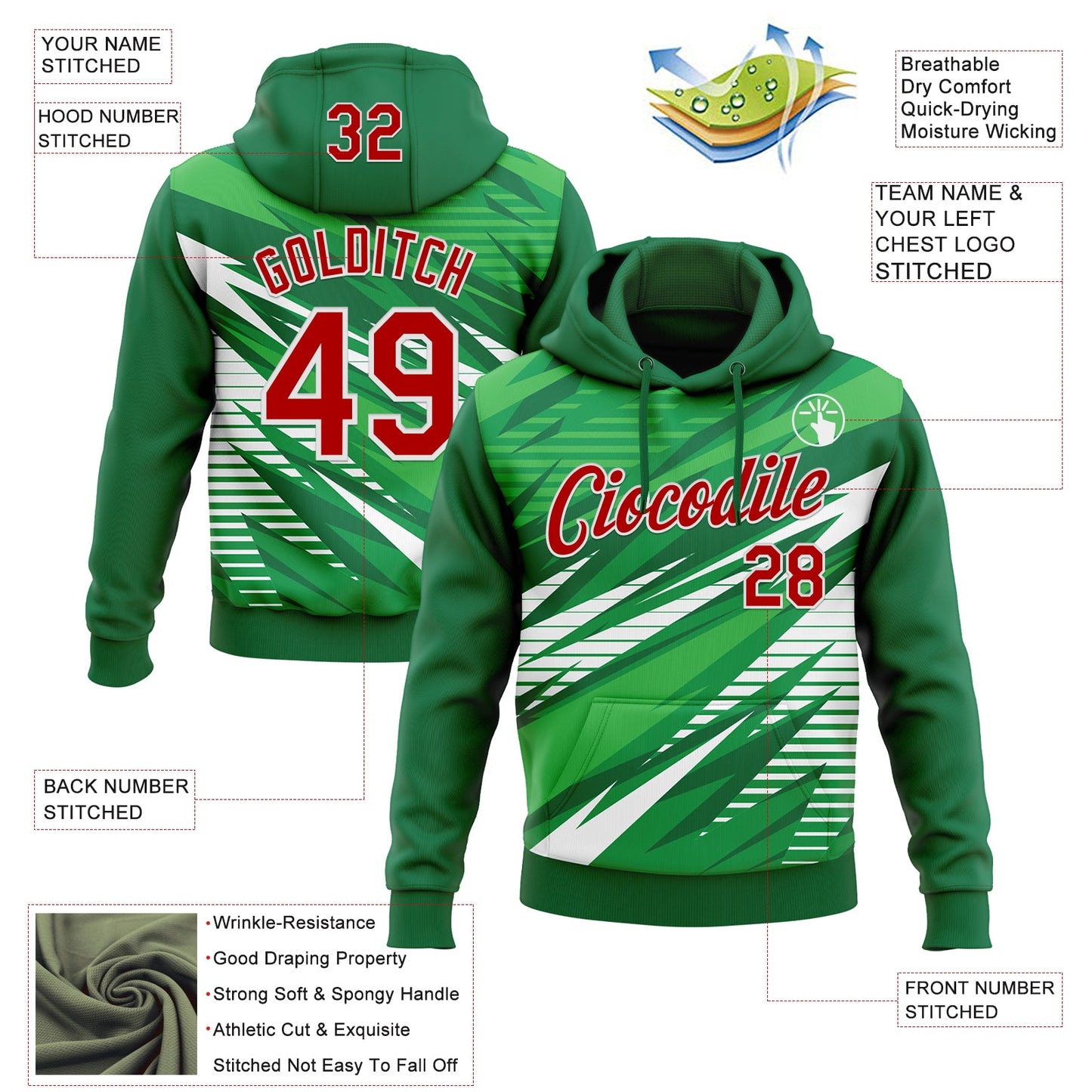 Custom Stitched Kelly Green Red-White 3D Pattern Design Line Sports Pullover Sweatshirt Hoodie view 2