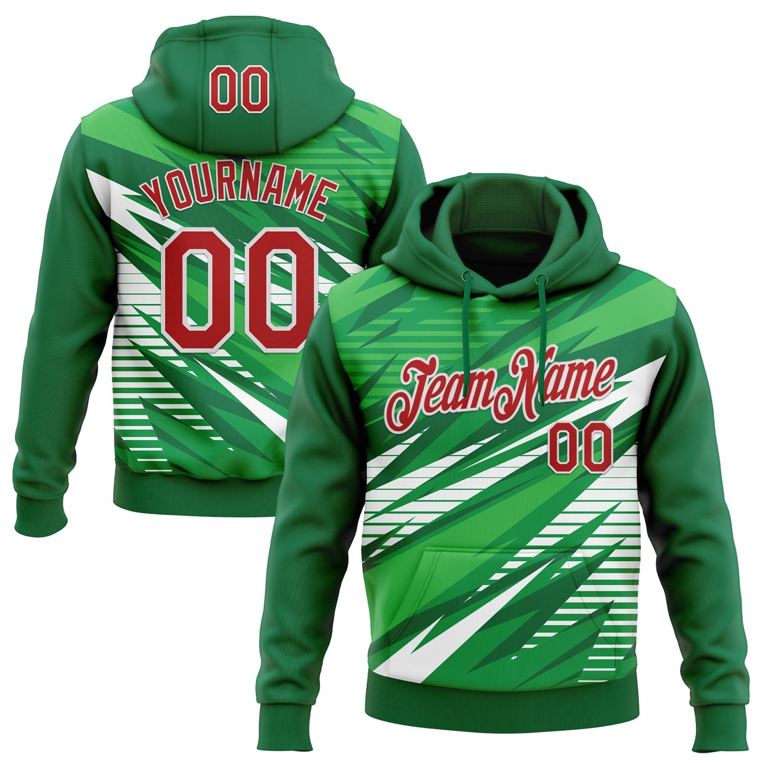 Custom Stitched Kelly Green Red-White 3D Pattern Design Line Sports Pullover Sweatshirt Hoodie - Main View