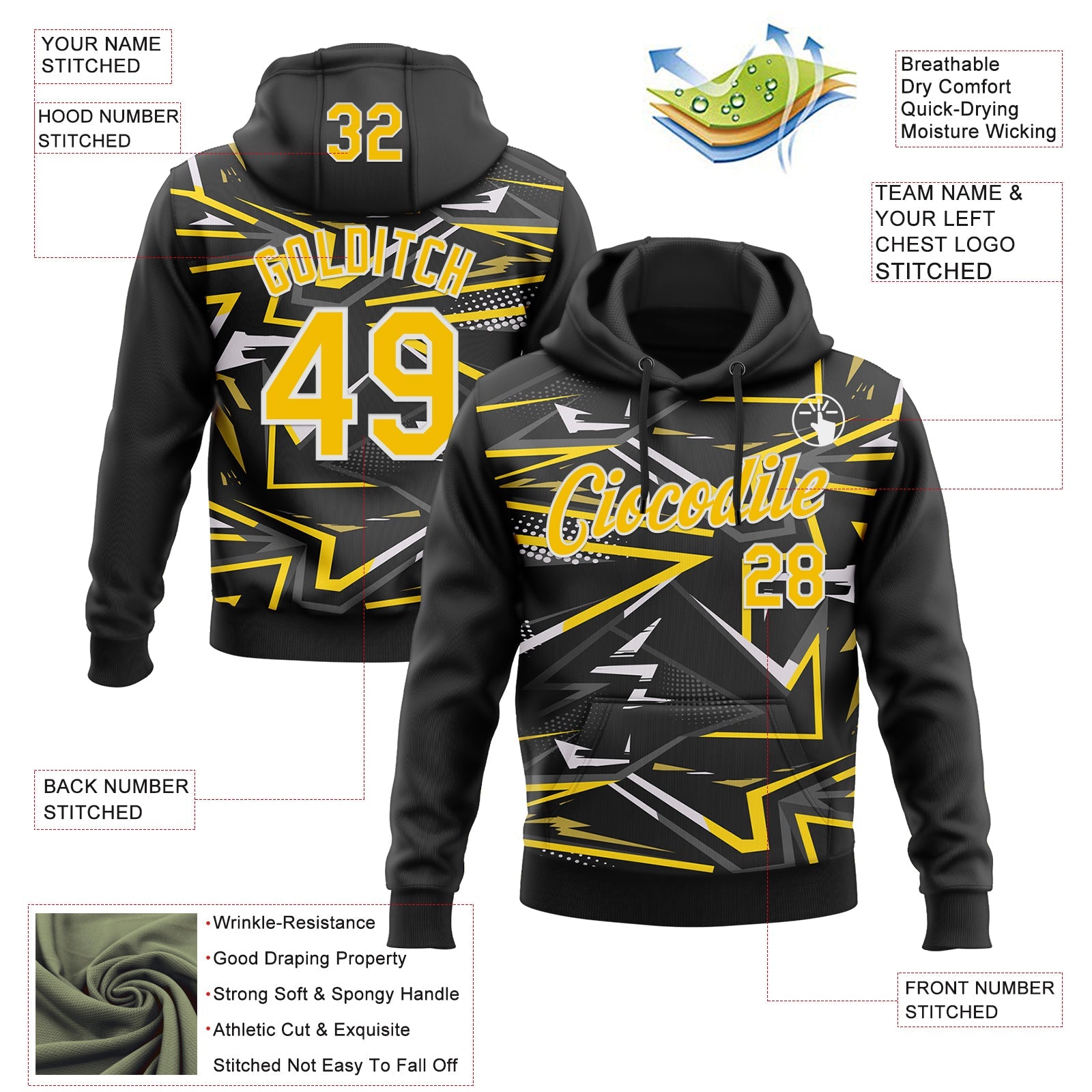 Custom Stitched Black Yellow-White 3D Pattern Design Line Sports Pullover Sweatshirt Hoodie view 2