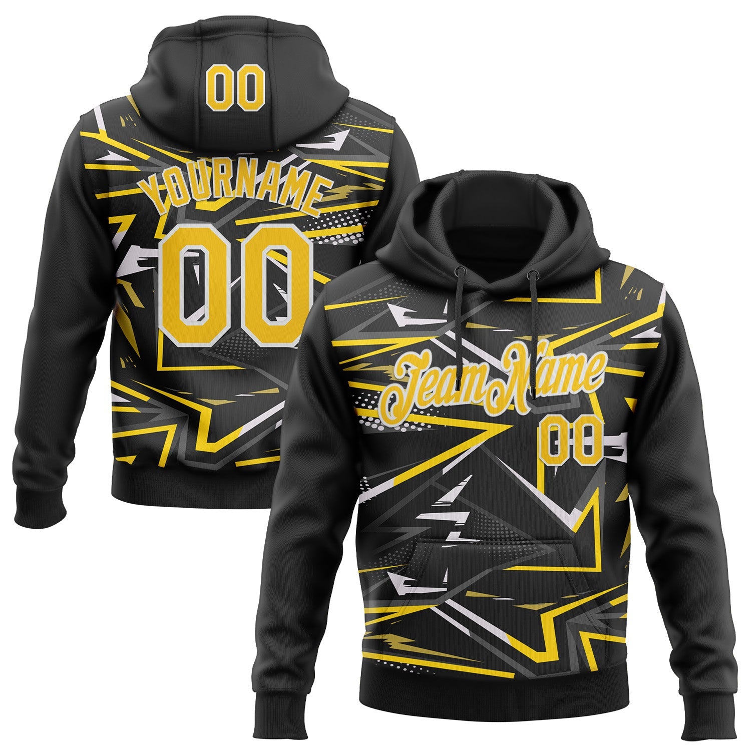 Custom Stitched Black Yellow-White 3D Pattern Design Line Sports Pullover Sweatshirt Hoodie - Main View
