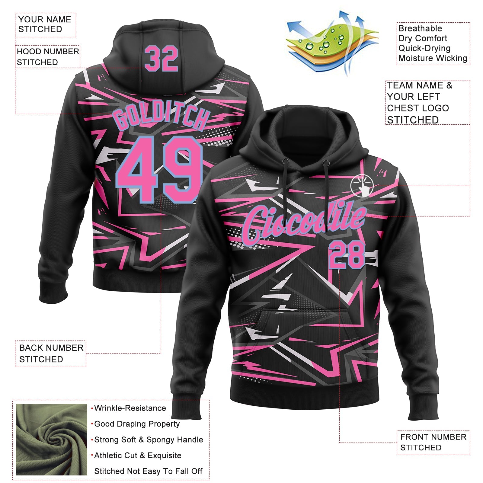 Custom Stitched Black Pink Light Blue-White 3D Pattern Design Line Sports Pullover Sweatshirt Hoodie view 2