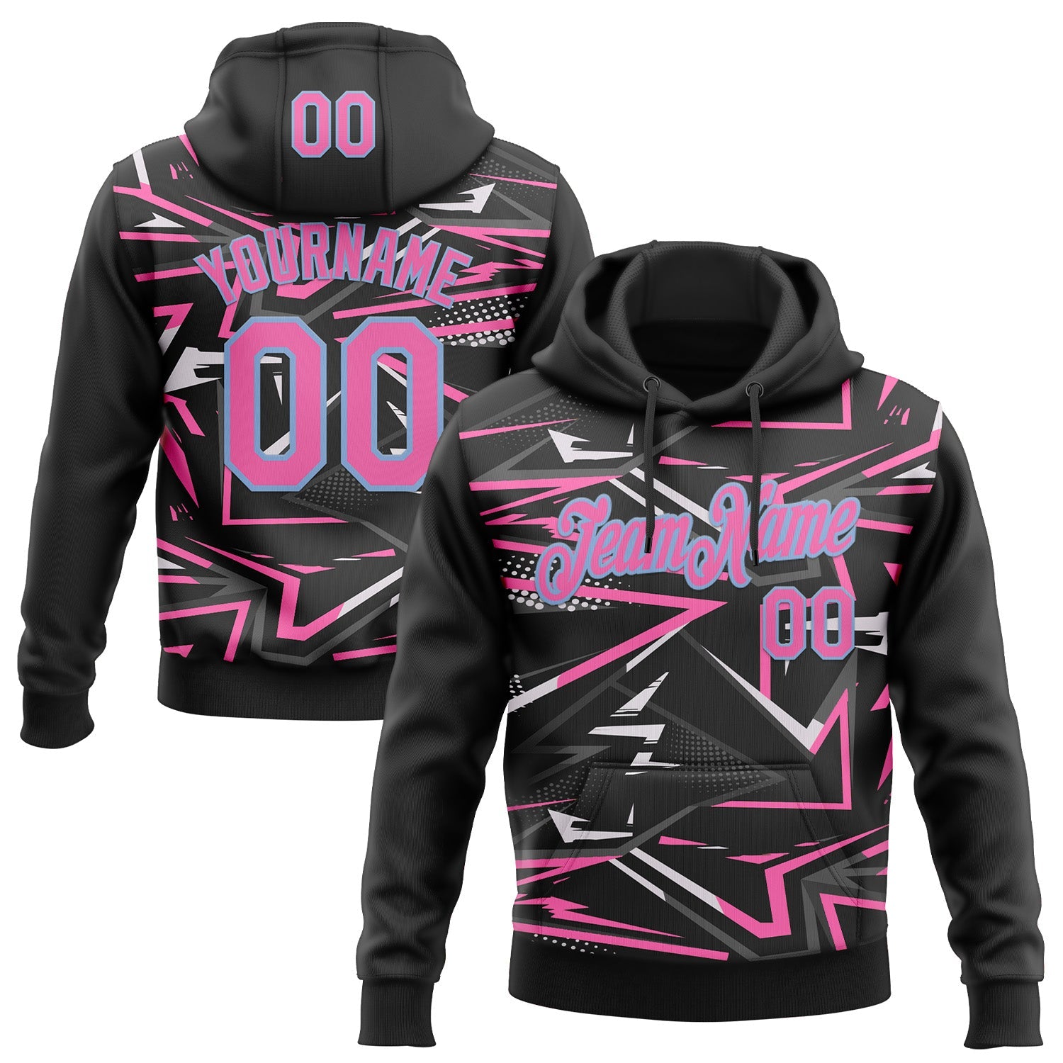 Custom Stitched Black Pink Light Blue-White 3D Pattern Design Line Sports Pullover Sweatshirt Hoodie - Main View