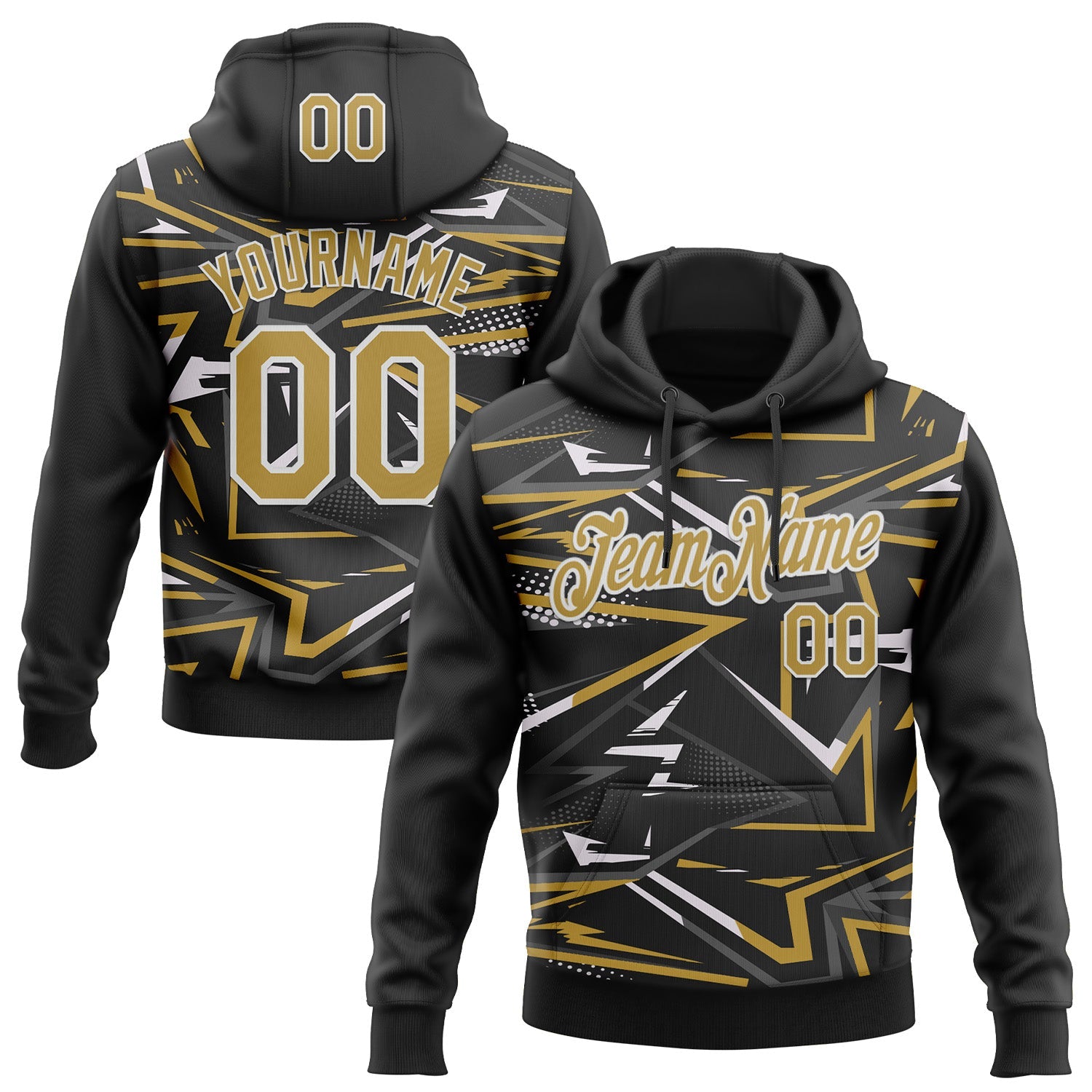 Custom Stitched Black Old Gold-White 3D Pattern Design Line Sports Pullover Sweatshirt Hoodie - Main View