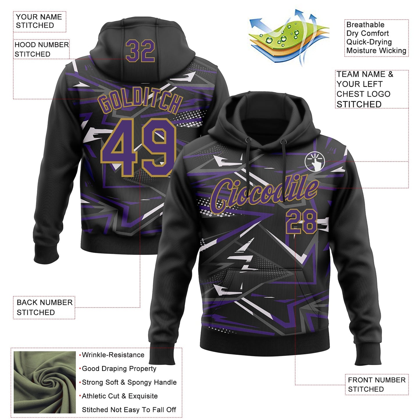 Custom Stitched Black Purple Old Gold-White 3D Pattern Design Line Sports Pullover Sweatshirt Hoodie view 2